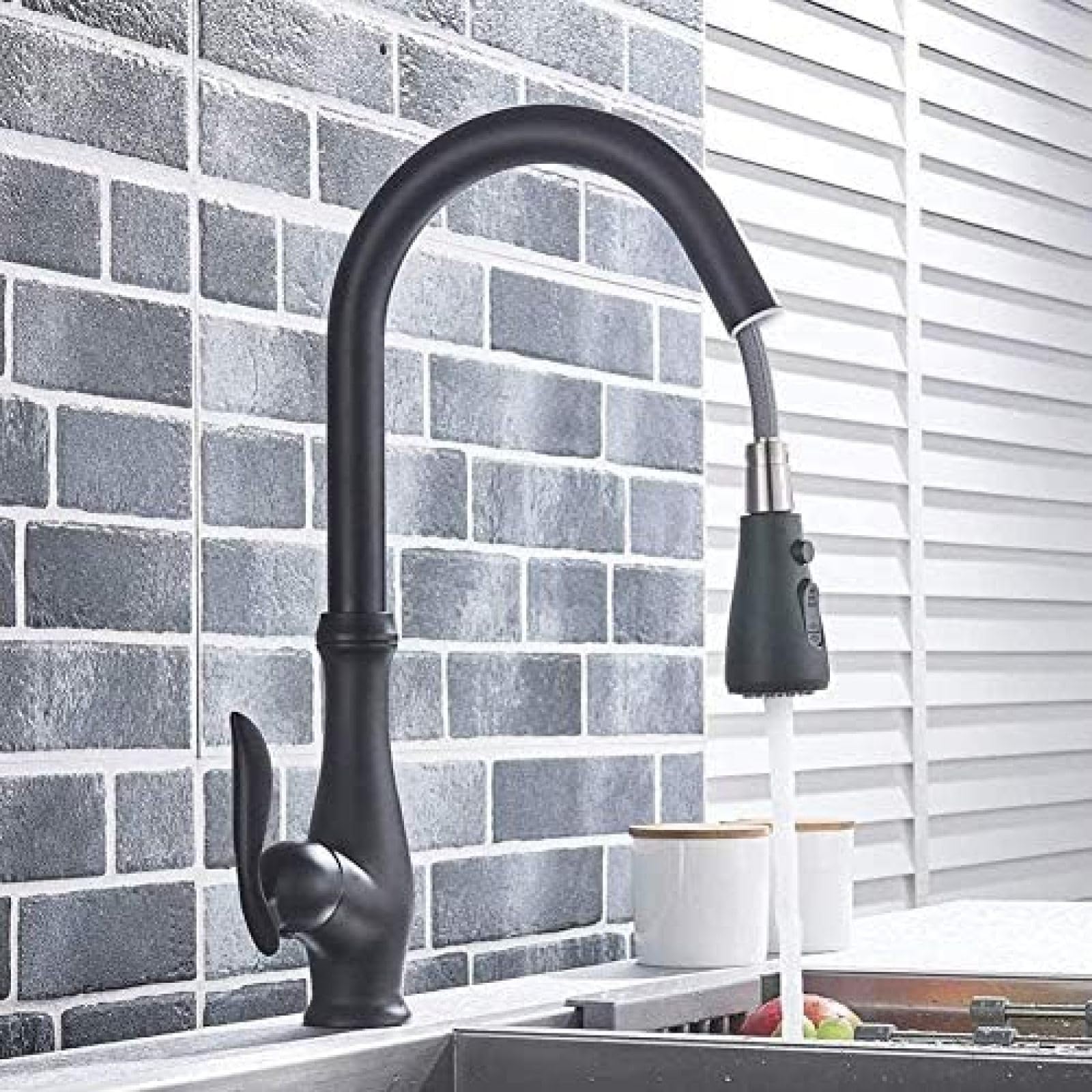 CRJUS Matte Black Pull Out Kitchen Faucet with Swivel Spout - Deck Mounted Hot and Cold Water Mixer for Sink - Ideal for Modern Kitchens and Bathrooms