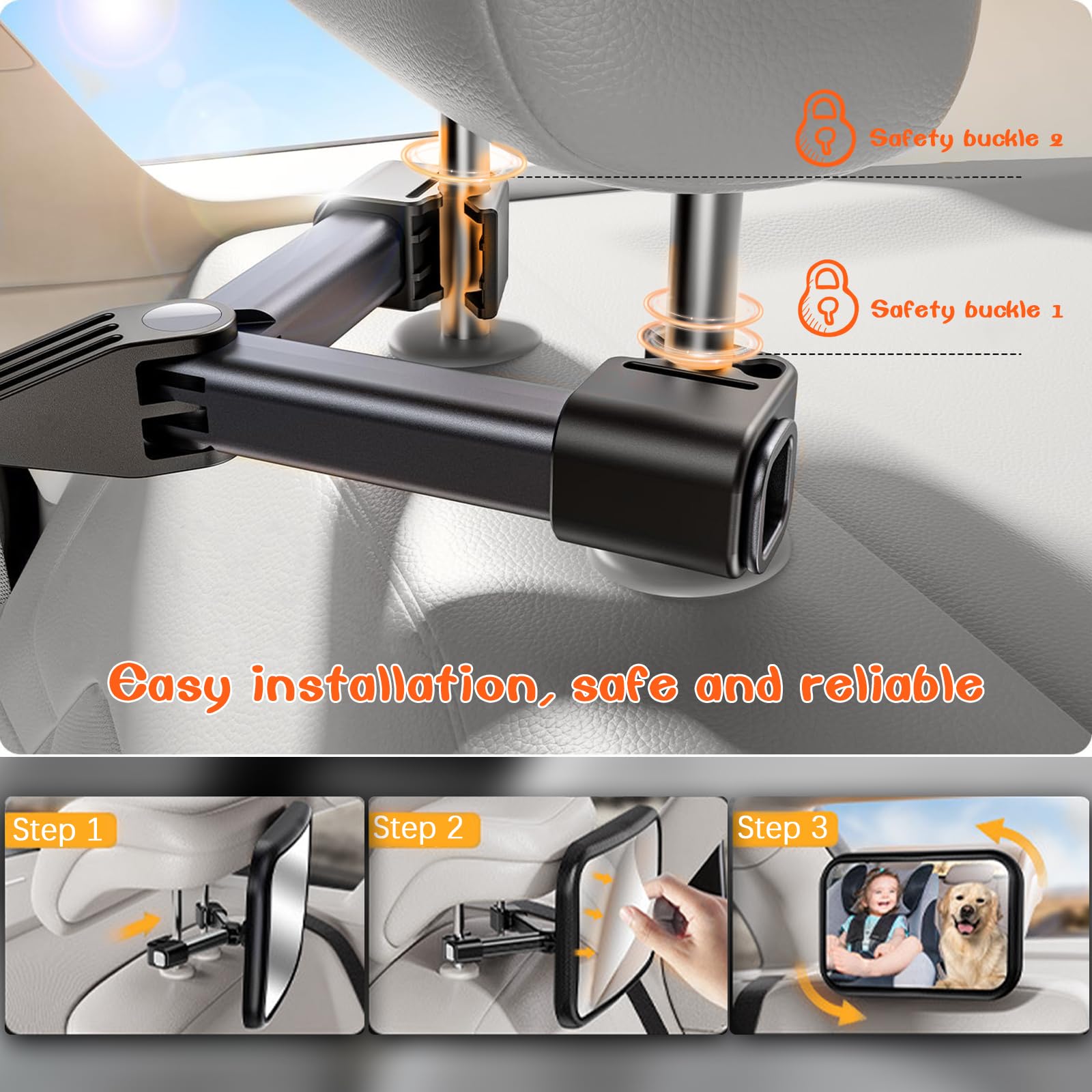 Rukie Baby Car Mirror - Shatterproof 360° Rotating Rear Facing Car Seat Mirror with Hook Clip | Wide Crystal Clear View for Safe Baby Monitoring | Easy to Install | Perfect for Road Trips & Daily Commutes with Infants
