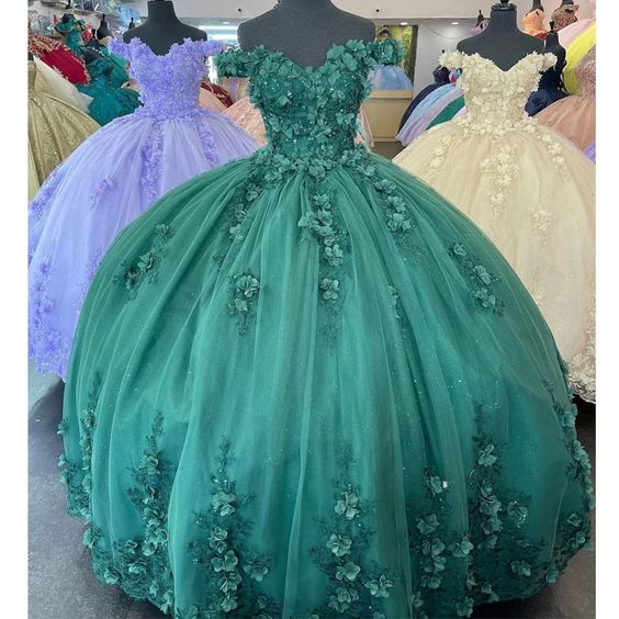Elegant Green Quinceañera Dress with 3D Flower Applique - Sweet 16 Ball Gown Style J4632 | Perfect for Quinceañeras, Proms, and Formal Dances