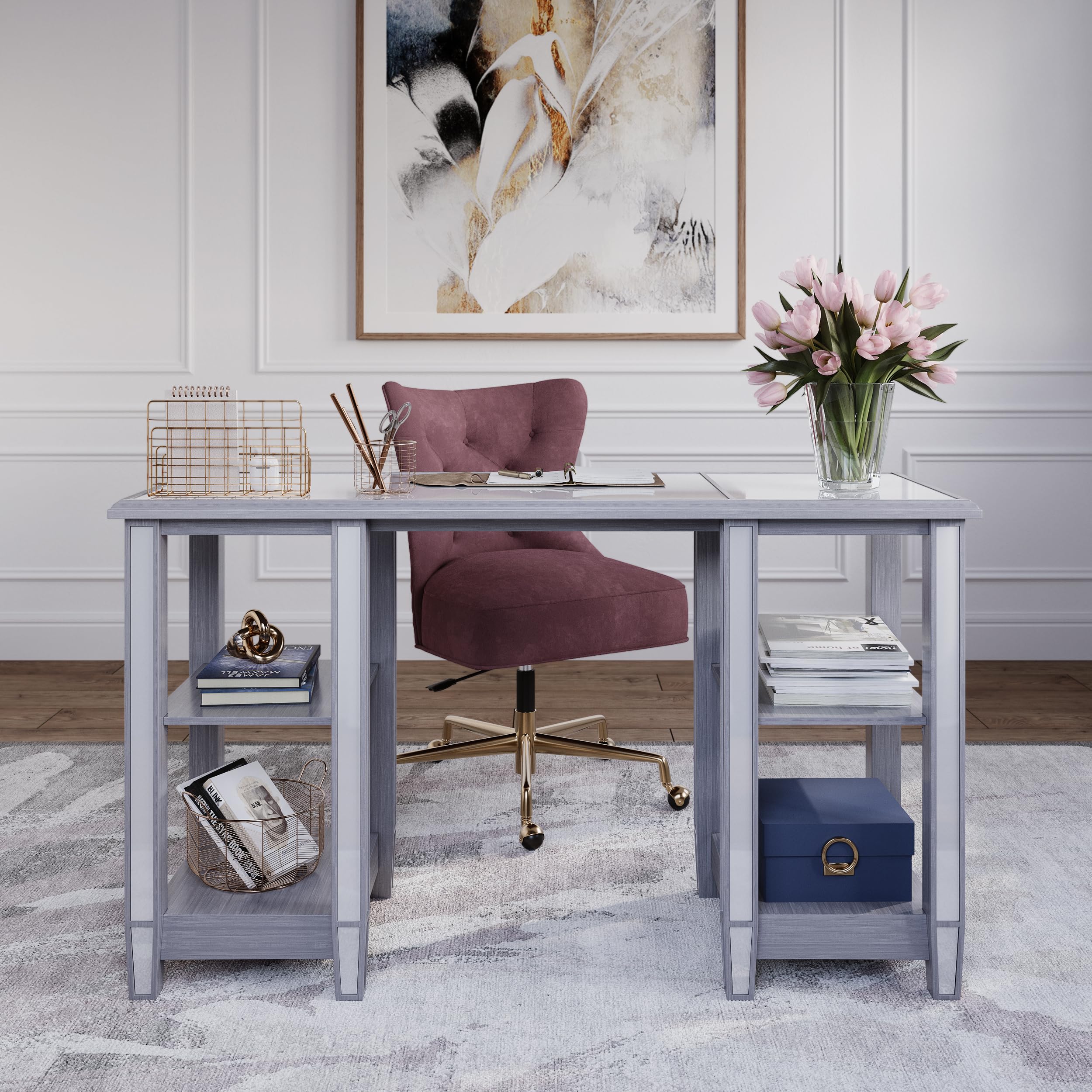 SEI Furniture Wedlyn Mirrored Desk - Silver Finish Modern Writing Desk with Mirror for Home Office, Bedroom, or Dressing Room