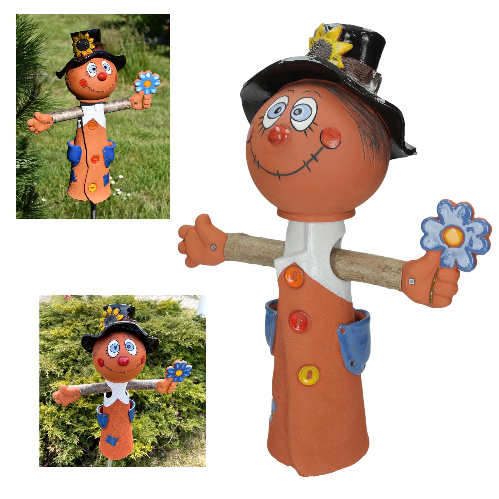 Handmade Frostproof Ceramic Scarecrow Lawn Stake - Unique Outdoor Garden Statue Decor for Women & Men - Perfect Gardening Gift for Yard, Patio, or Farmhouse Decor