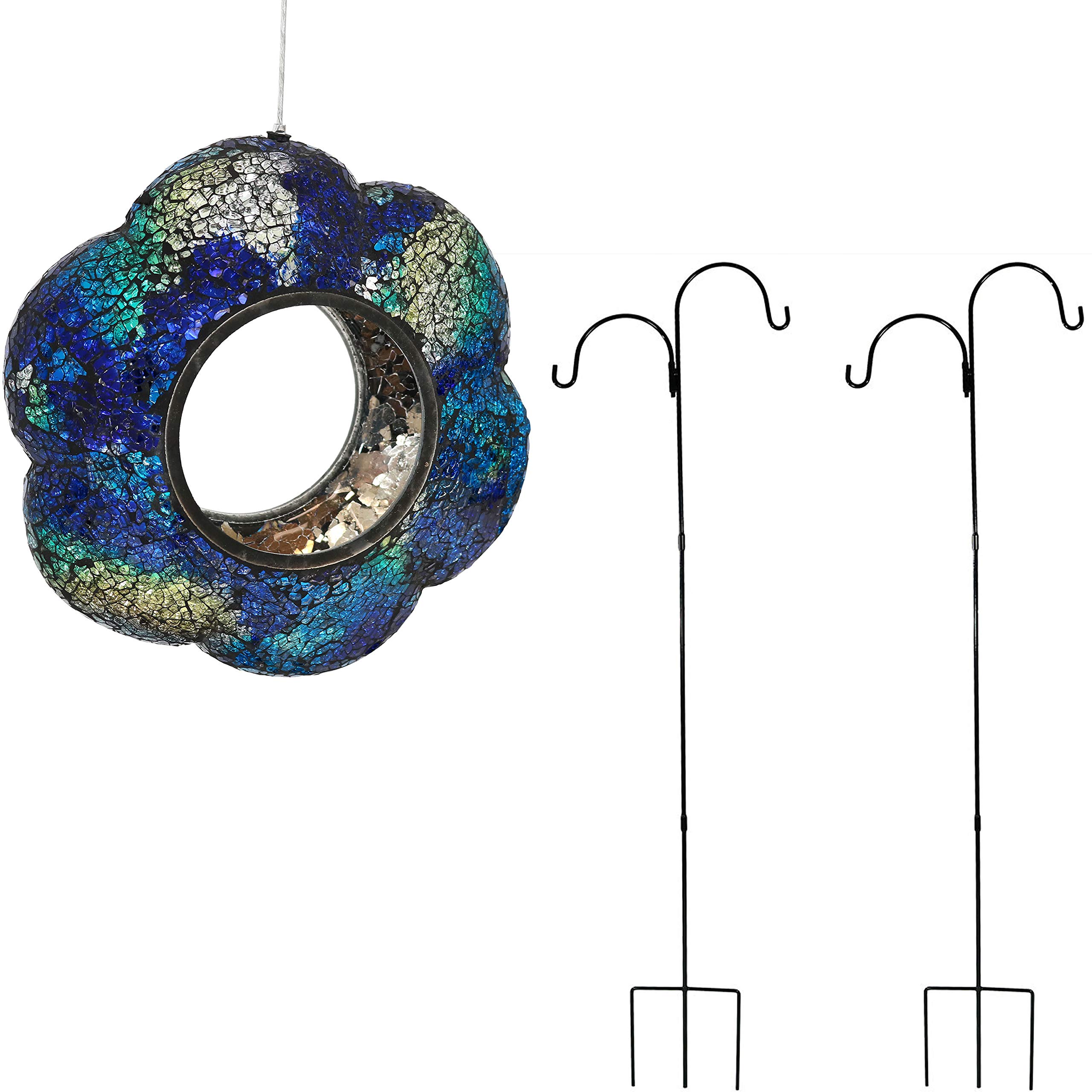Sunnydaze 2-Pack 84-Inch Black Heavy-Duty Outdoor Shepherd Hooks with 9-Inch Indigo Glass Bird Feeder - Garden Hanging Poles for Plants, Flowers & Bird Feeders - Perfect for Patio, Yard & Backyard Decor