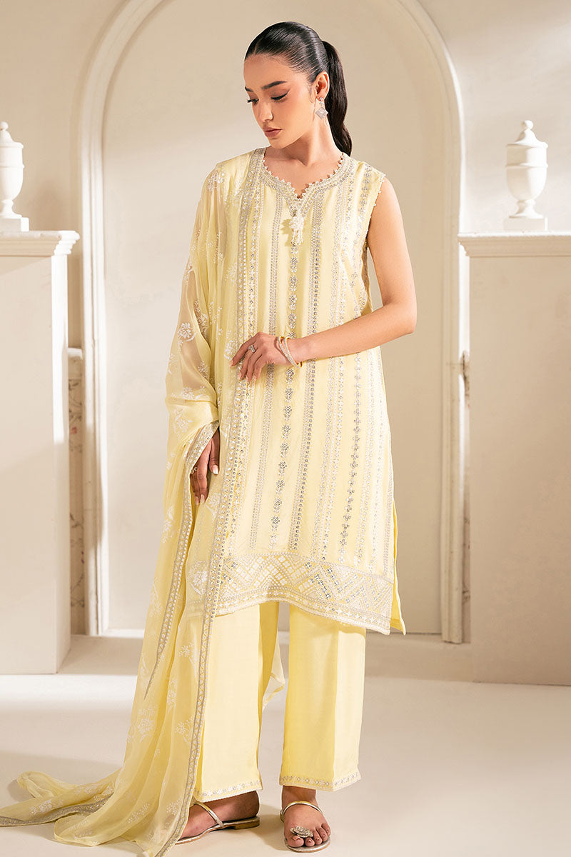 LEMON BLISS 4-Piece Chiffon Embroidered Suit Set - Elegant Floral Embroidery Women's Outfit for Parties, Weddings & Special Occasions