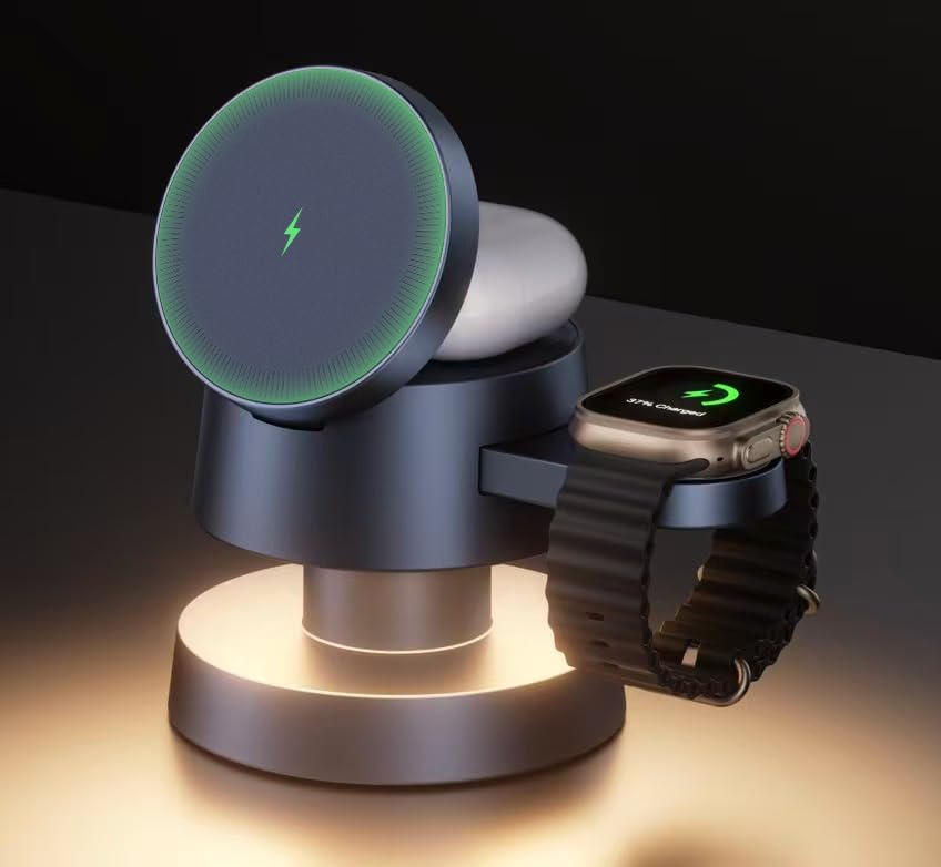 iVANKY 4-in-1 Wireless Charging Station for iPhone 16 Pro Max - MagSafe Magnetic Charger with 22.5W Fast Charging, Mushroom Night Light, Stand for Apple Watch Ultra & AirPods - Perfect for Bedside, Office & Travel