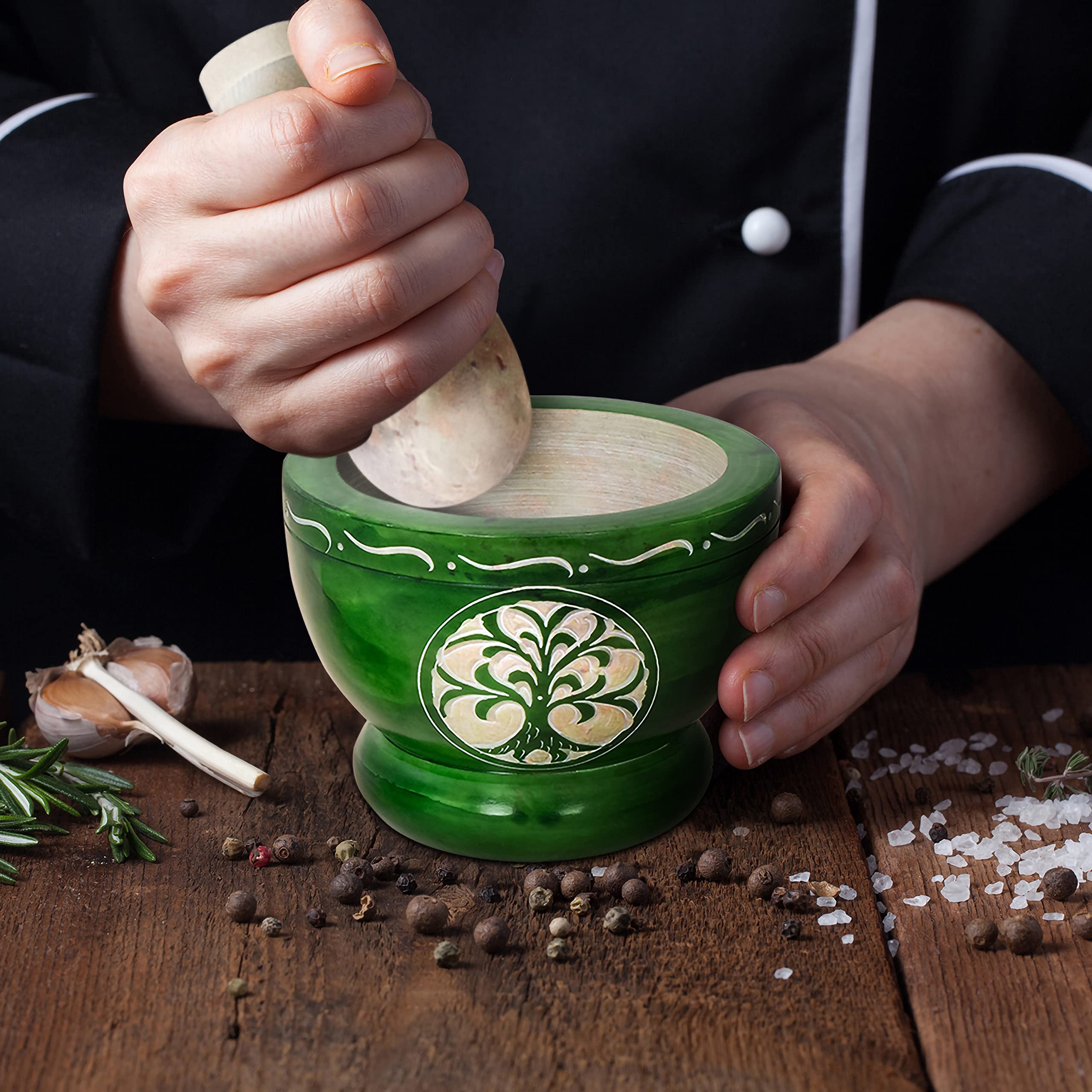Premium Mortar and Pestle Set - Heavy Duty Polished Natural Stone Spice Grinder for Herbs, Seasonings, Pastes & More (Green Tree of Life Design) - Perfect for Kitchen, Cooking, Ayurveda & Herbal Medicine Preparation