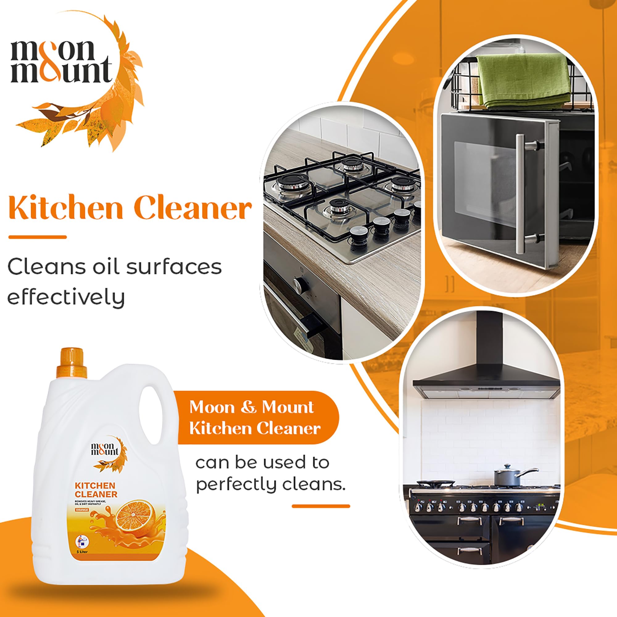 Moon & Mount 5L Kitchen Cleaner | Non-Toxic Glass Stove Top & Grease Remover | Orange Oil Stain Solution | Safe for Skin | Ideal for Home & Restaurant Kitchens