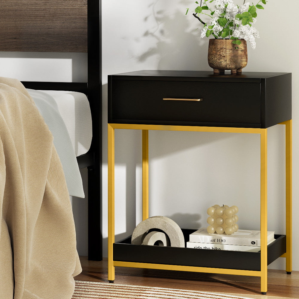 Modern Black & Gold Bedside Table with Top Drawer and Bottom Tray - Nightstand for Bedroom, Living Room, or Office Storage