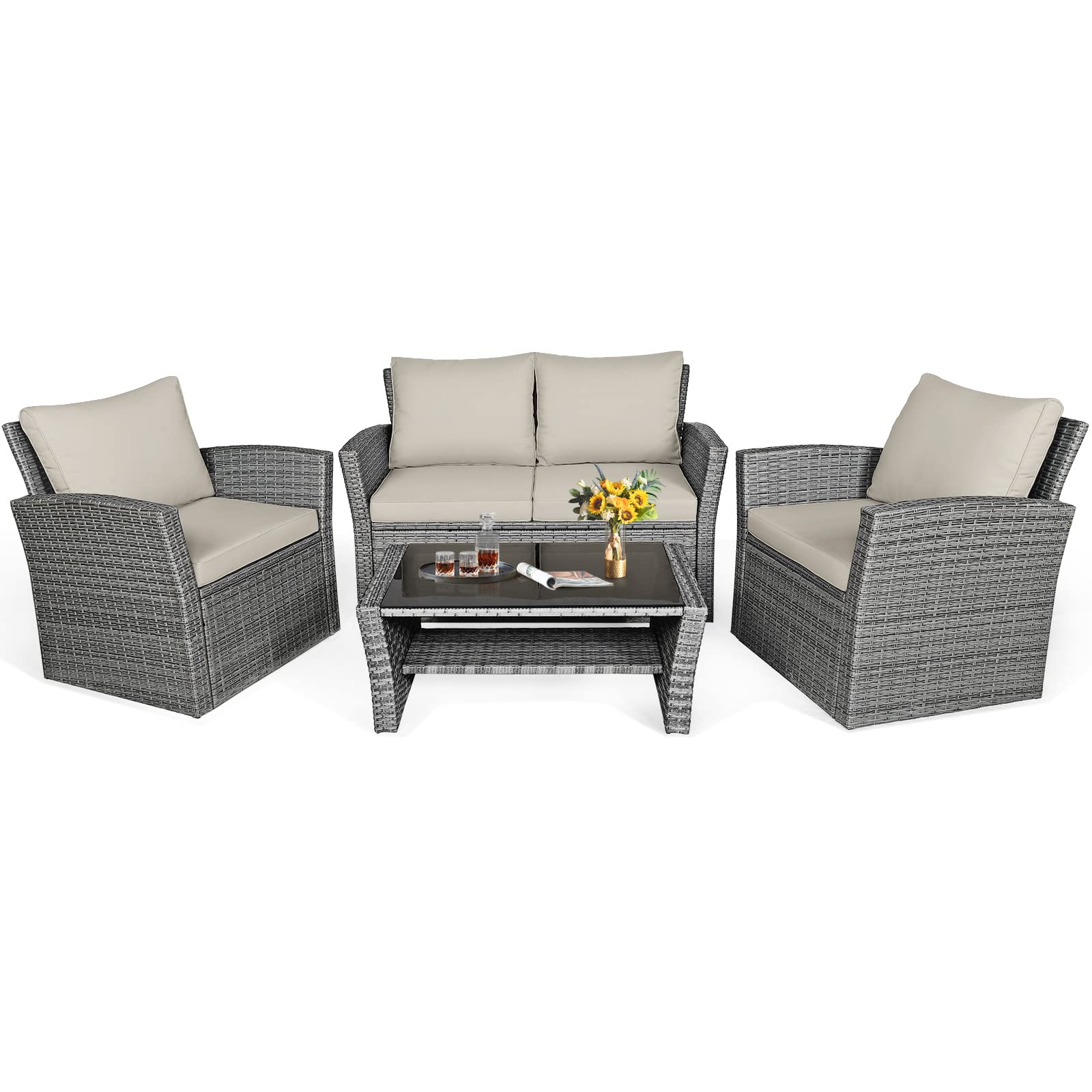 HAPPYGRILL 4-Piece Outdoor Patio Conversation Set with Cushions & Coffee Table - Rattan Wicker Sofa Sectional for Garden, Porch, Balcony, Poolside - Perfect for Relaxing & Entertaining Outdoors