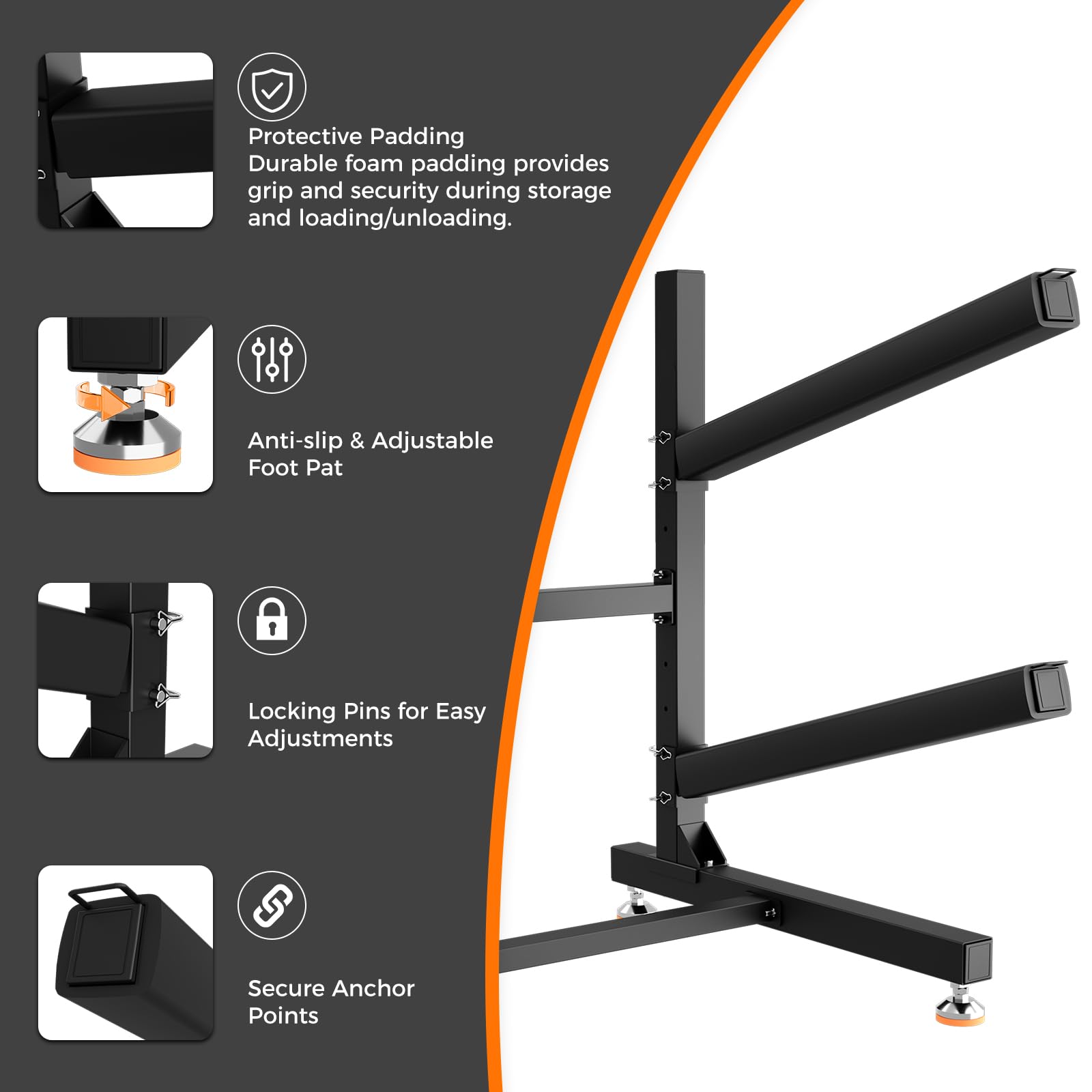 EFURDEN Heavy Duty Freestanding Kayak Storage Rack - Adjustable Indoor/Outdoor Kayak Holder with Weather-Resistant Design (Supports 200-400 lbs, 2-4 Levels) - Perfect for Garage, Backyard, or Dock Kayak Organization