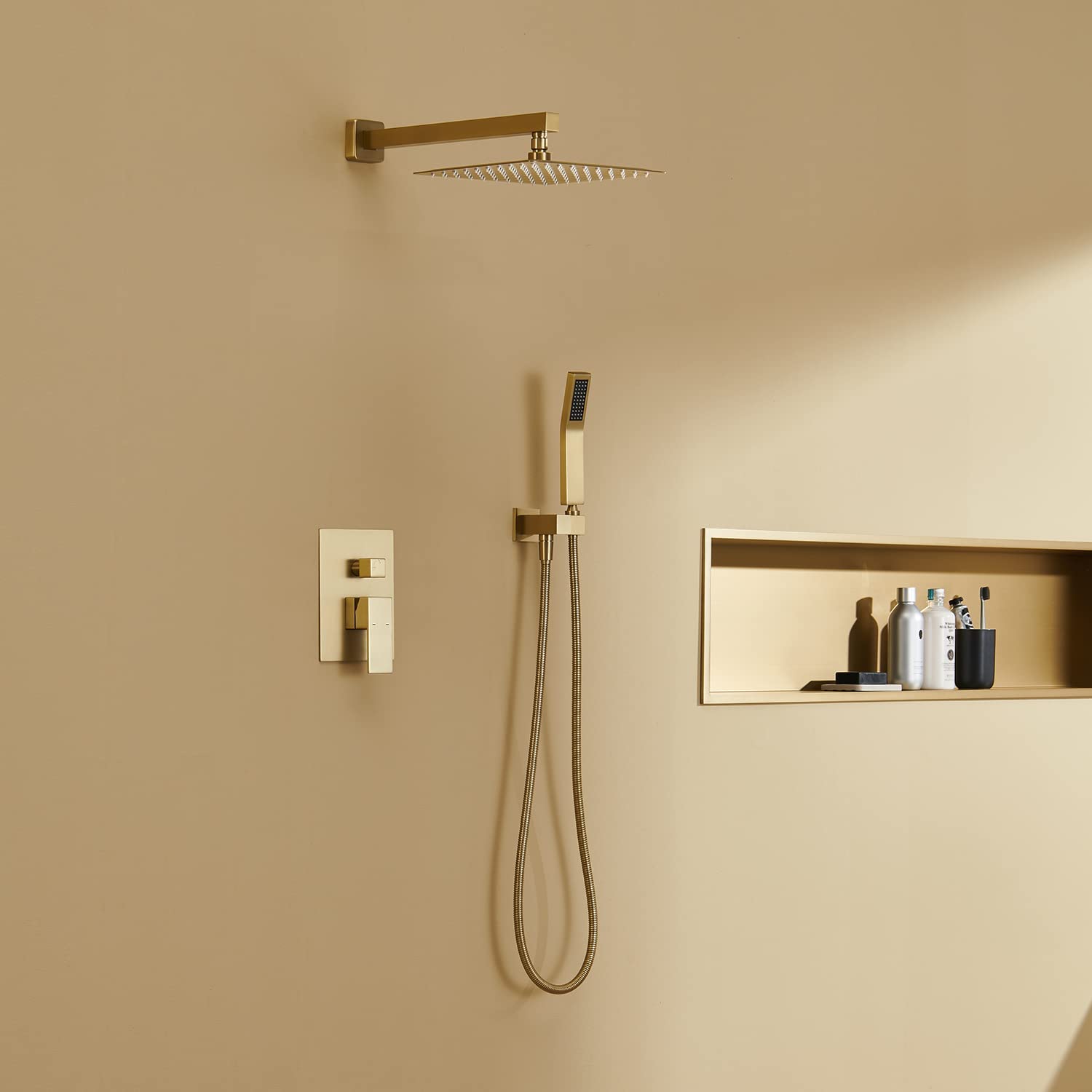 10 Inch Brushed Gold Wall Mount Rain Shower Combo Set - Rainfall Shower Head & Handheld Shower for Luxurious Bathroom Experience | Perfect for Master Bath, Spa Retreat & Modern Home Renovation