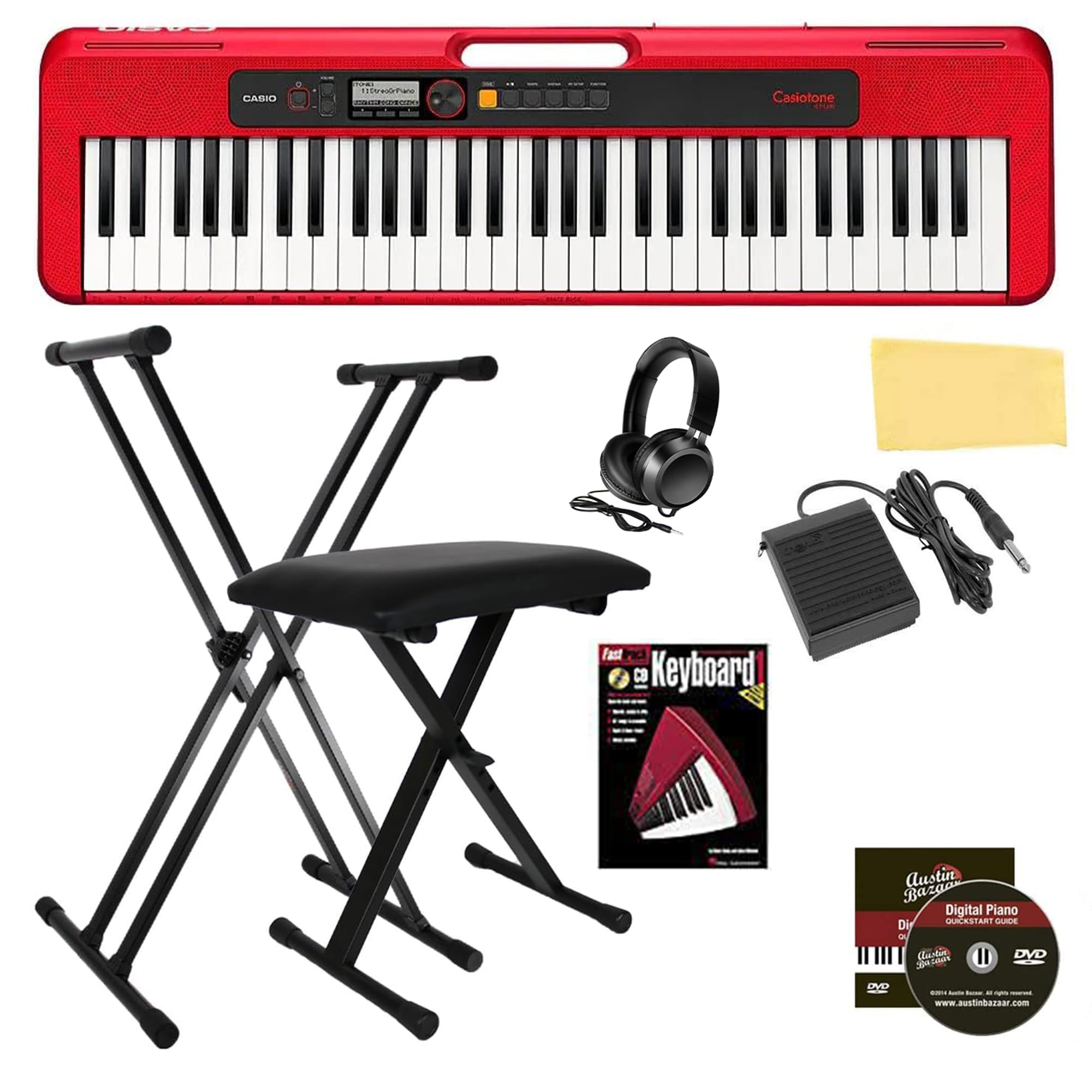 Casio Casiotone CT-S200 61-Key Portable Keyboard - Red Bundle with Stand, Bench, Headphones, Sustain Pedal, Piano Book & DVD | Perfect for Beginners, Home Practice, Live Performances & Music Lessons