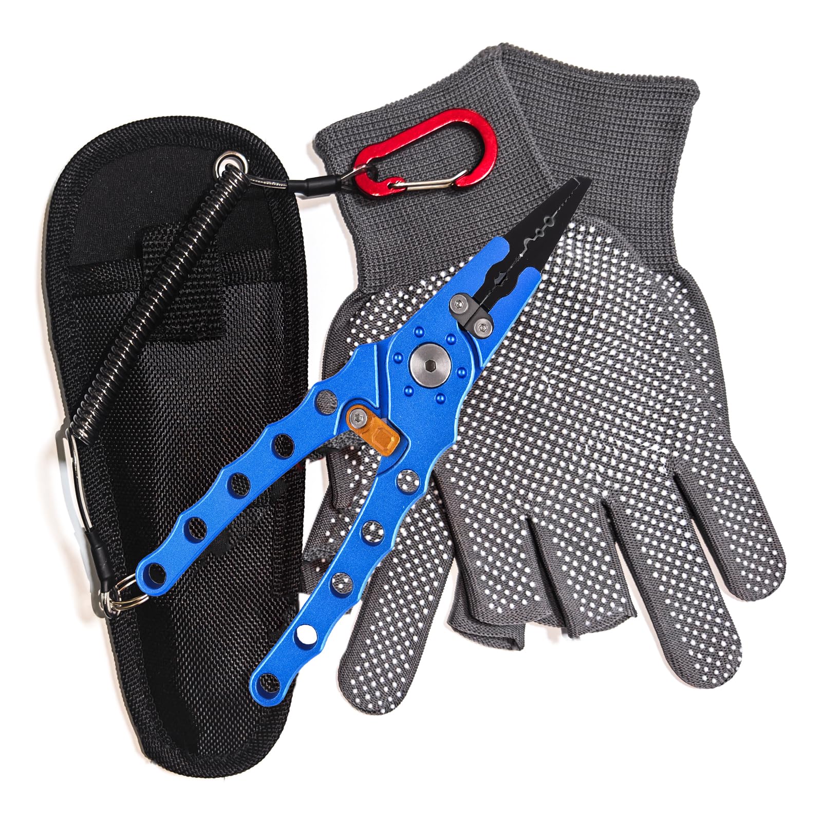 Premium Saltwater Fishing Pliers Set with Sheath, Gloves & Lanyard - Corrosion Resistant Multi-Tool for Fly Fishing, Split Ring Removal (Blue) - Ideal for Deep Sea, Surf & Freshwater Angling