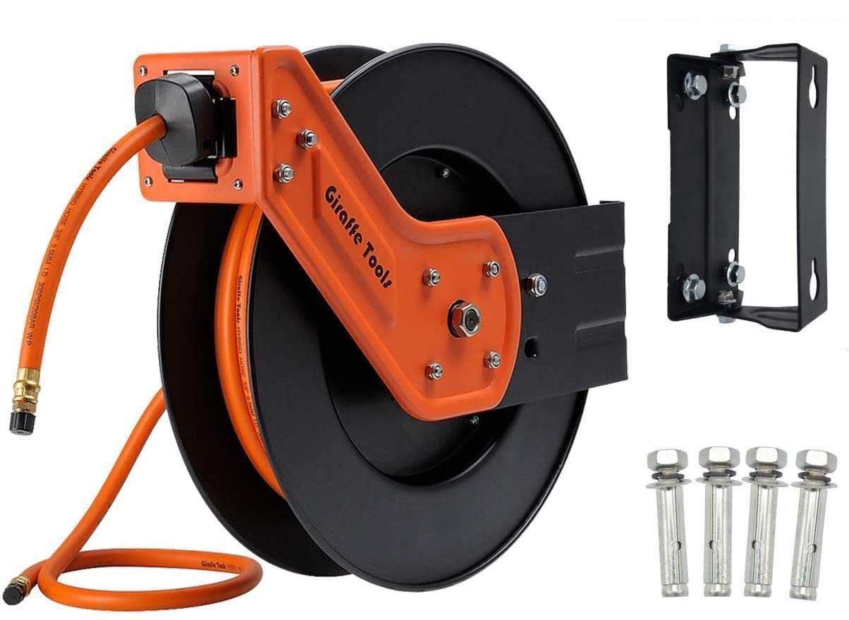 Giraffe Tools 50ft Retractable Air Hose Reel with 25ft Hybrid Hose - Heavy Duty Steel Wall Mount Reel, Auto Rewind, 300PSI - Perfect for Garage, Workshop & Automotive Air Tools