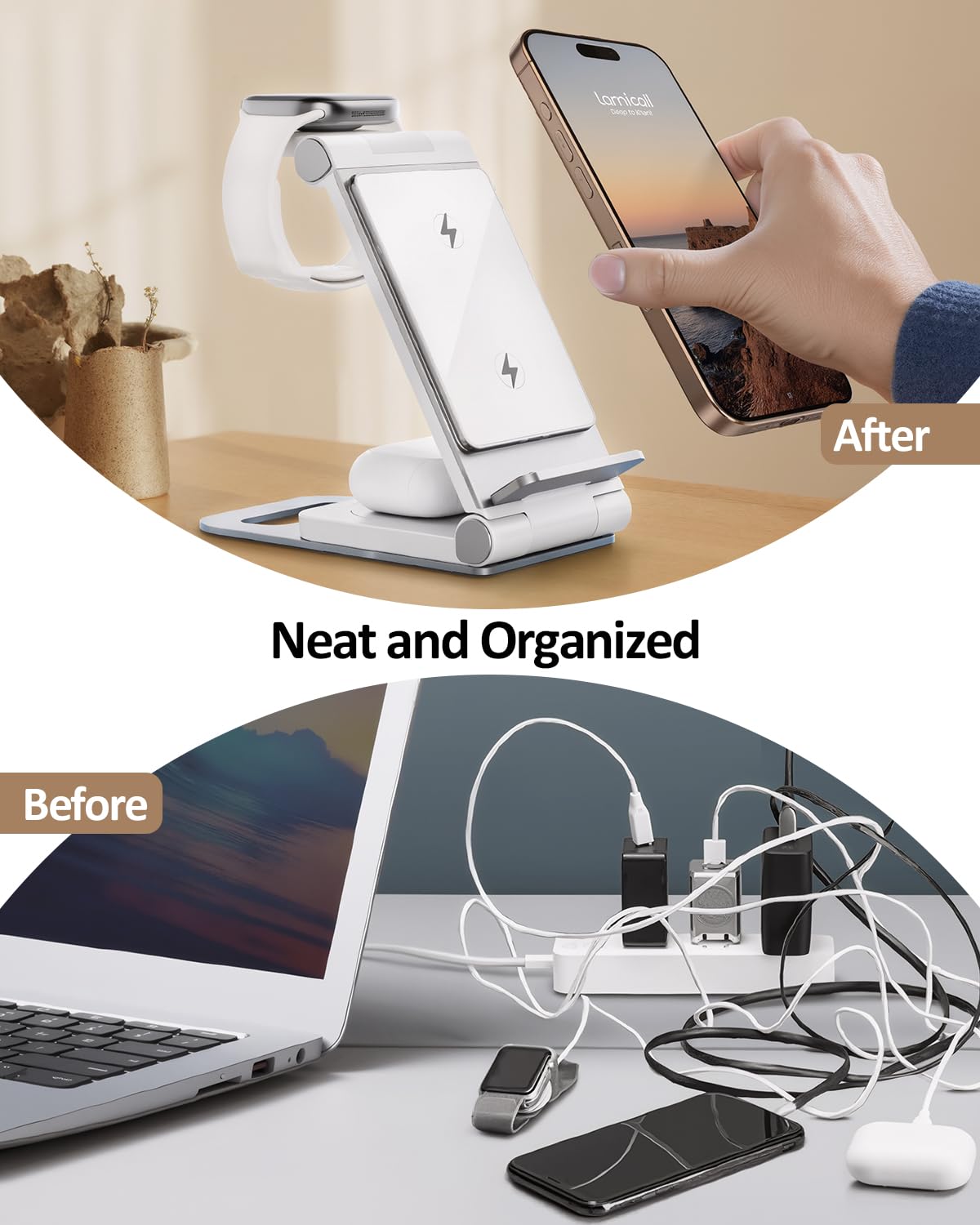 15W Fast Wireless Charger with Sleep-Friendly Adaptive Light - Compatible with iPhone 16/15/14/13 Pro/XS/8 Plus & Samsung Galaxy S23/S22/S21/Note 20 - Silver | Perfect for Bedside, Office & Travel Charging