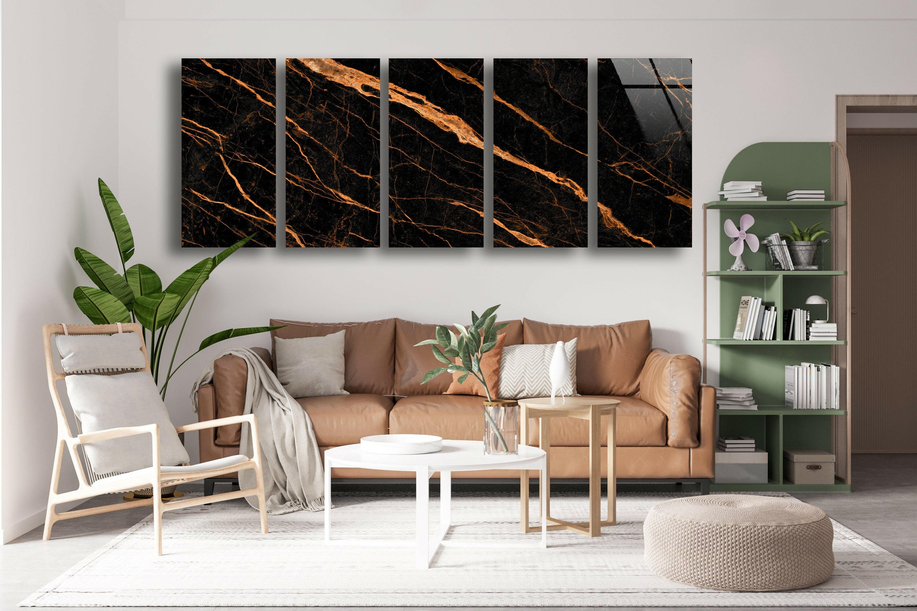 Black Marble with Orange Veins Glass Wall Art - Modern Abstract Home Decor for Living Room, Bedroom & Office - Shatterproof Tempered Glass Wall Hanging