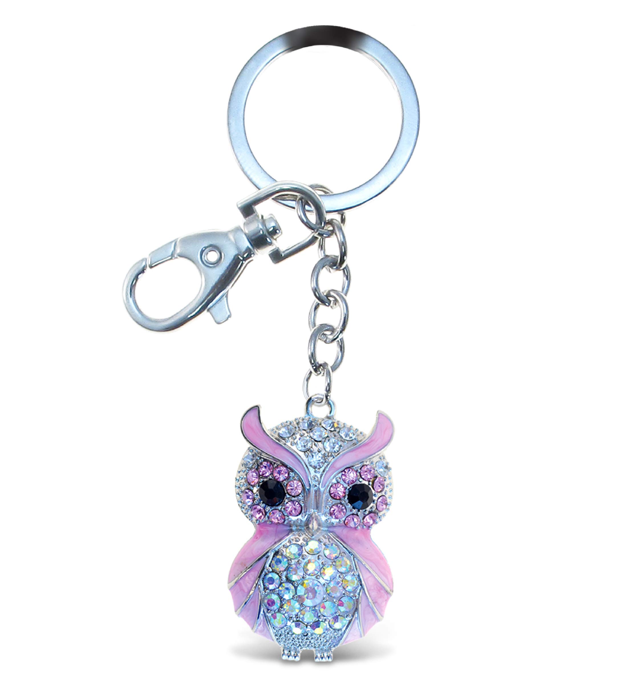 Pink Owl Keychain with Silver 3D Sparkling Rhinestones - Fashionable Metal Alloy Key Ring with Crystal Jewelry Clasp | Cute Animal Keychain for Women, Girls Gift Idea, Purse & Backpack Accessory
