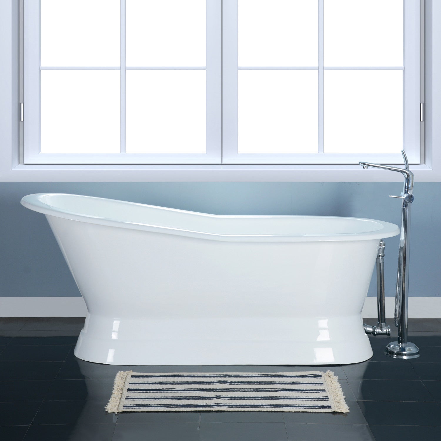 Aqua Eden 67 Inch White Cast Iron Oval Single Slipper Pedestal Bathtub - No Faucet Drillings - Freestanding Soaking Tub for Luxury Bathroom & Spa Relaxation