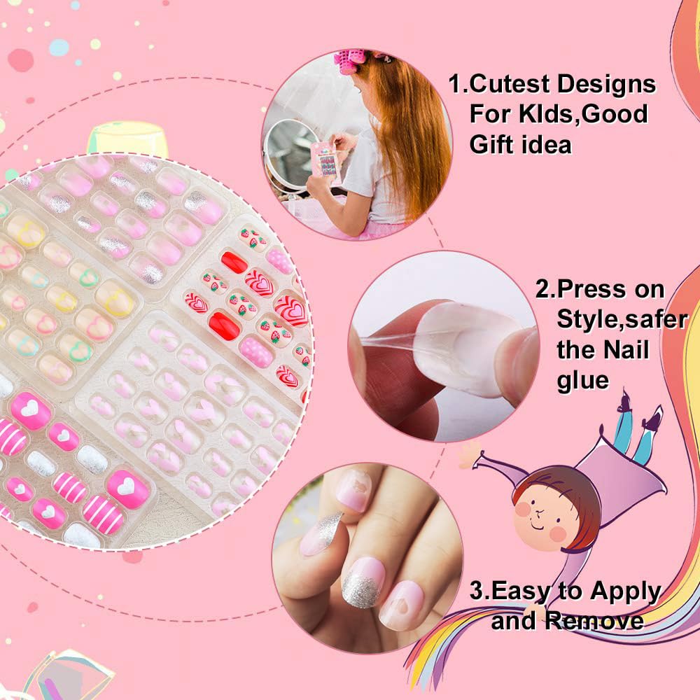 120-Piece Heart Pattern Press-On Fake Nails for Kids - Pre-Glued Short Oval Artificial Nails, Full Cover Acrylic Stick-On Nail Tips Kit for Little Girls - Perfect for Birthday Parties, Playdates & Dress-Up