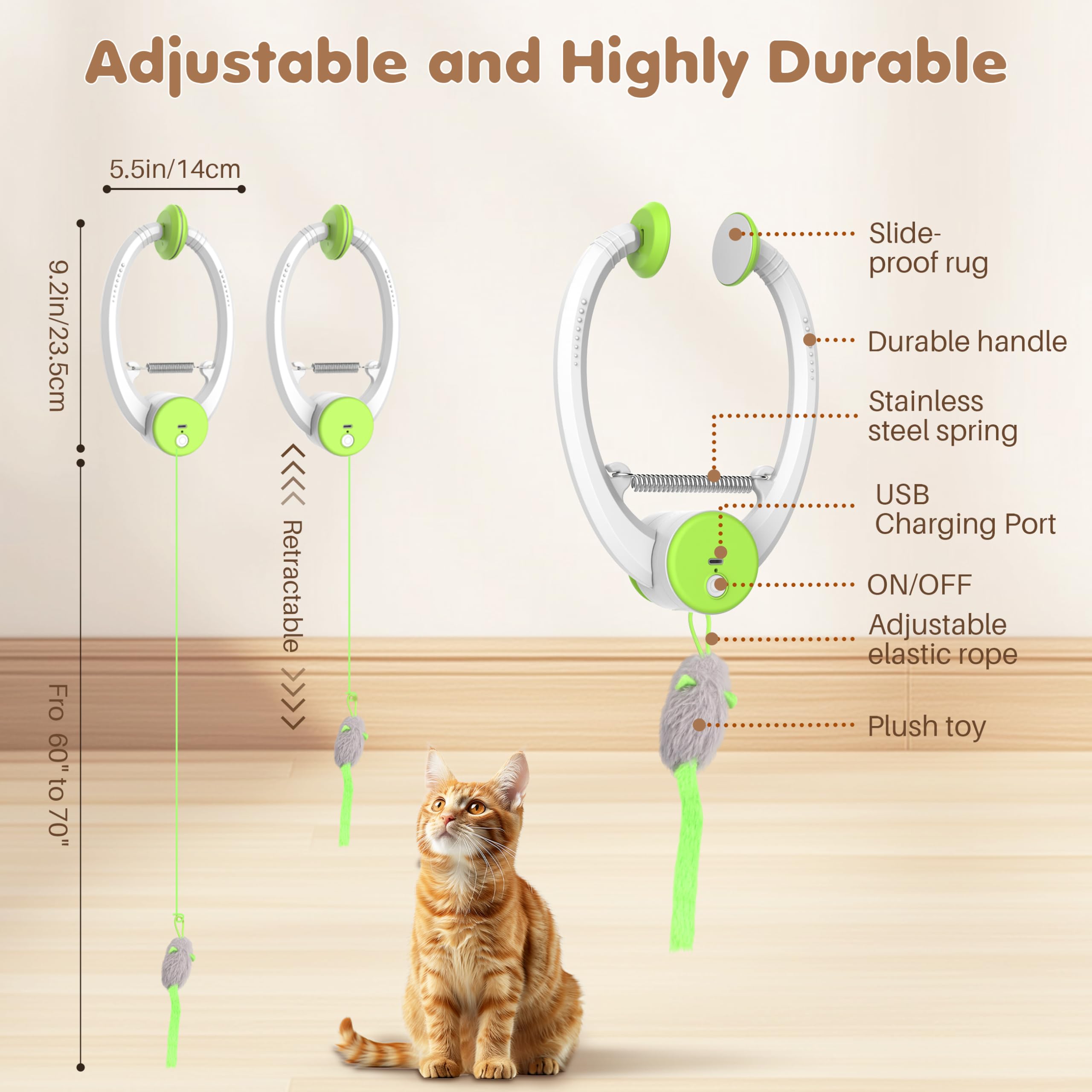 Interactive Cat Feather Toys for Indoor Cats - Retractable Teaser Toy with 3 Plush Mice for Play, Chase & Exercise - Green Automatic Kitten Mental Stimulation Toy (Great for Playtime, Training & Bonding with Your Feline)