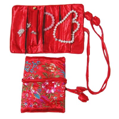 Silky Embroidered Brocade Jewelry Organizer Roll Pouch - Travel Jewelry Case for Necklaces, Rings & Earrings - Perfect for Vacation, Business Trips & Gift Giving
