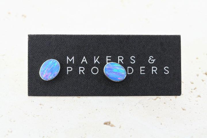 Opal Stud Earrings Oval Blue Rose Gemstone Jewelry for Women - Perfect for Weddings, Parties & Special Occasions