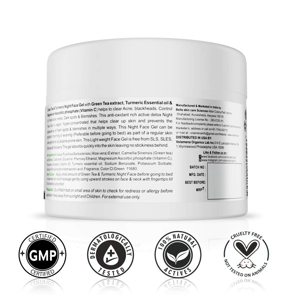 Volamena Green Tea, Turmeric & Vitamin C Night Face Gel - 50ml for Reducing Spots, Blemishes & Acne Marks | Brightening & Anti-Aging Skincare | Perfect for Nighttime Routine & Sensitive Skin Care