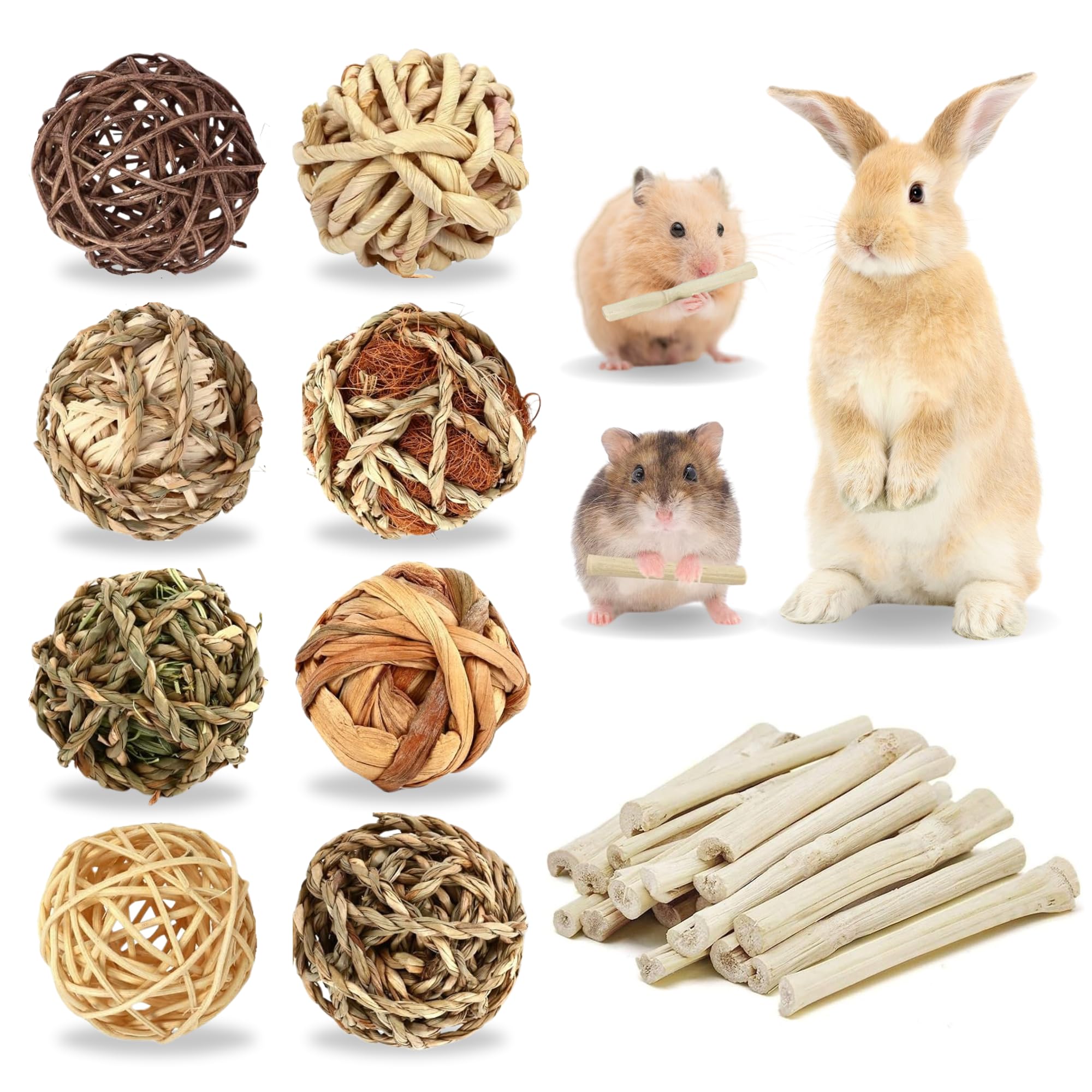8 Pack Durable Chew Toy Balls & 100g Natural Bamboo Chew Sticks for Small Pets - Rabbit, Chinchilla, Guinea Pig, Hamster, Gerbil, Rat, Mouse - Fun Dental Toys for Boredom Relief & Cage Enrichment (Perfect for Teething & Playtime)