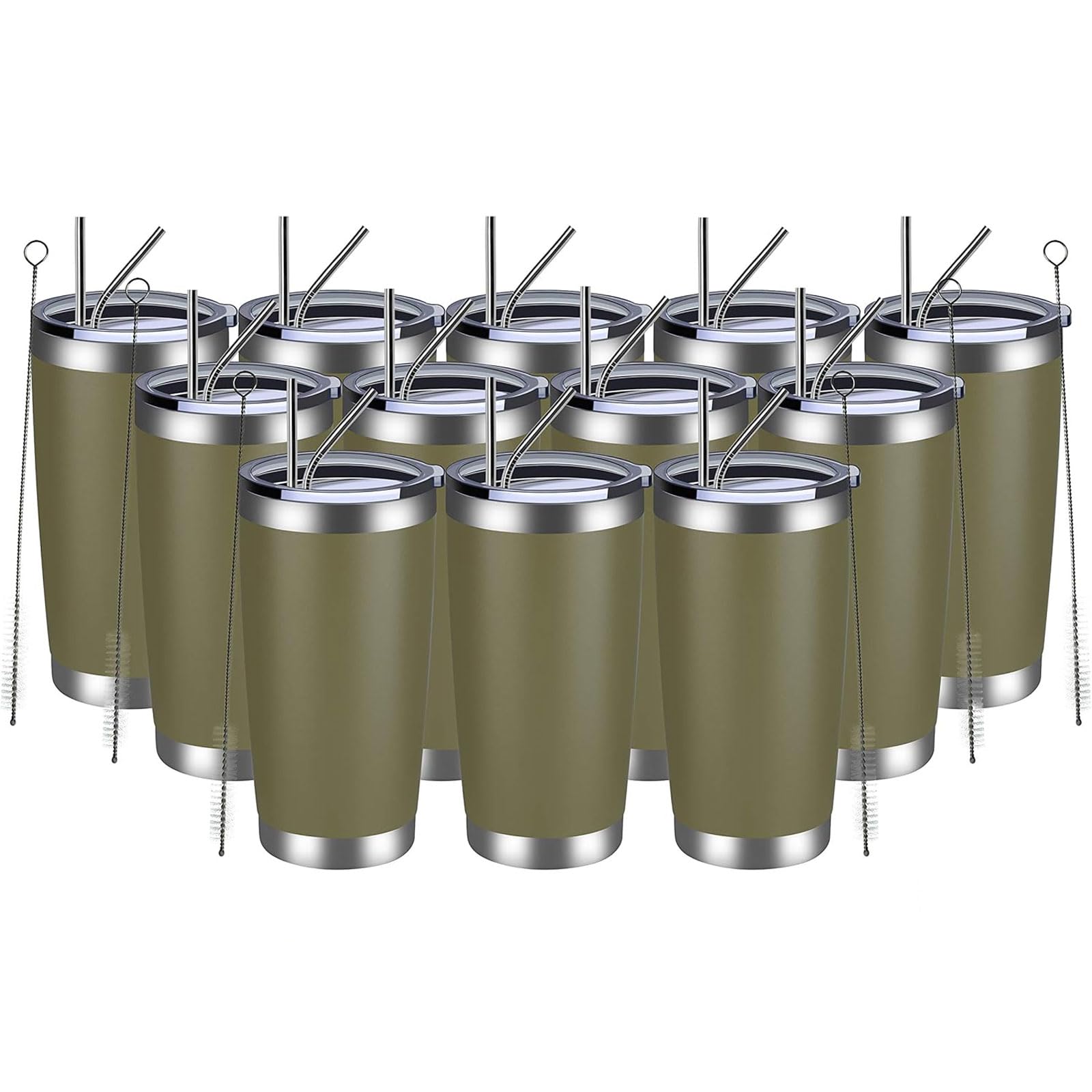 MEWAY 20oz Stainless Steel Tumbler 12 Pack - Double Wall Vacuum Insulated Travel Mug with Lid & Straw - Bulk Powder Coated Coffee Cups for Hot & Cold Drinks (Army Green) - Perfect for Office, Gym, Camping and Outdoor Activities