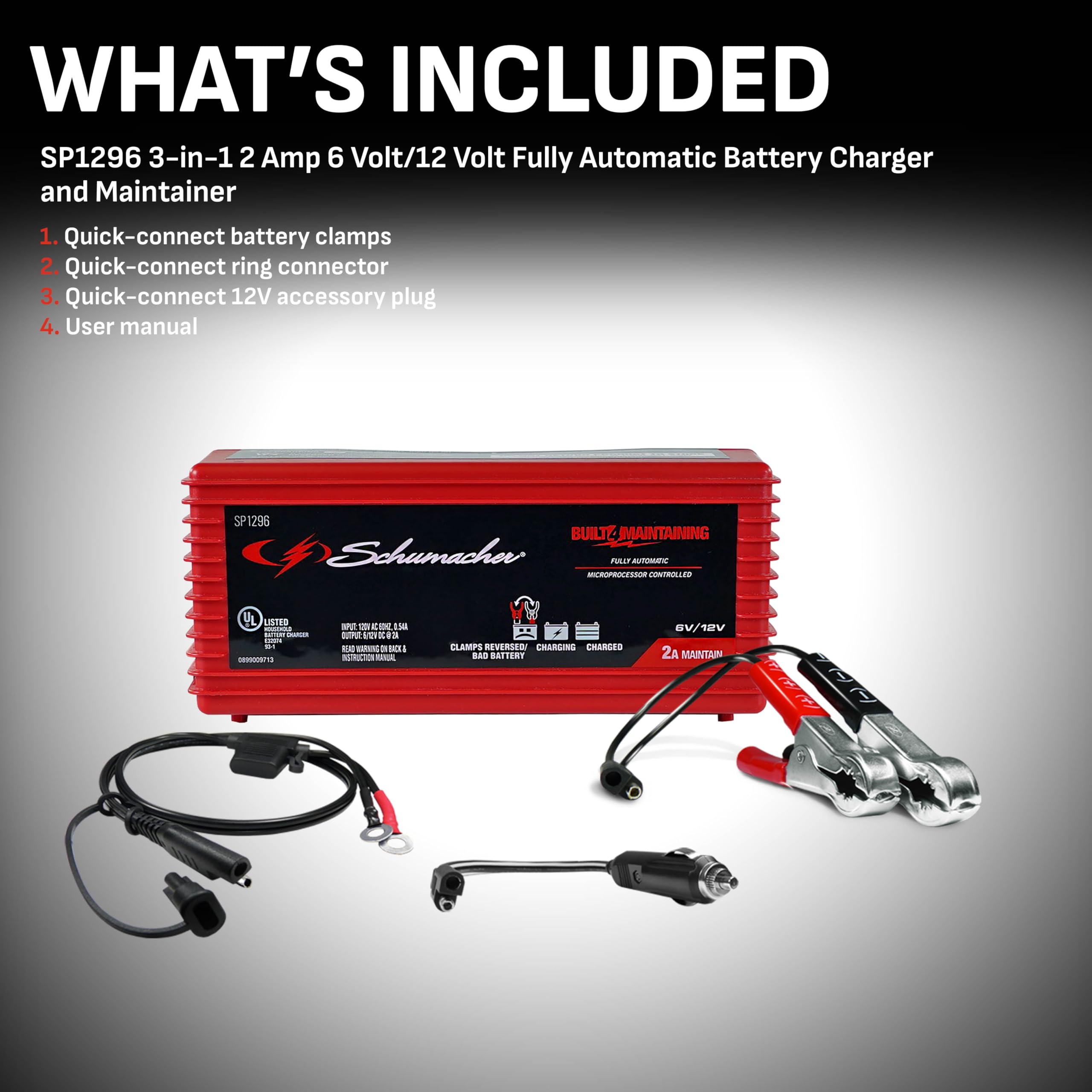 Schumacher SP1296 3-in-1 Fully Automatic 2A Battery Charger & Maintainer - 6V/12V for Motorcycle, ATV, Car, Marine Batteries - Ideal for Winter Storage & Seasonal Vehicle Maintenance