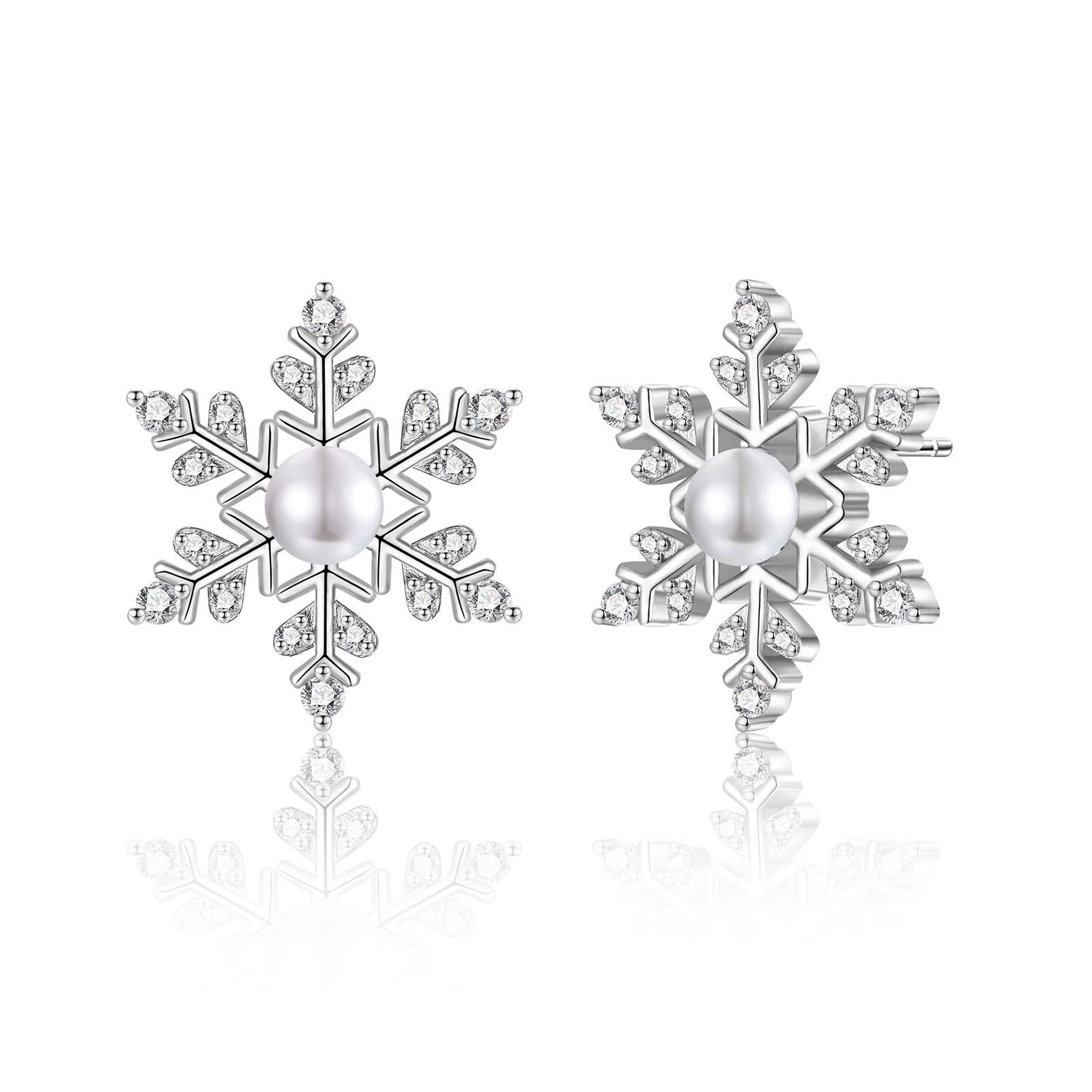 Pearl Snowflake Earrings for Women - 6 CZ Round Cubic Zirconia Stud Earrings | Hypoallergenic Cartilage Jewelry | Christmas & Birthday Gifts for Ladies & Girls | Perfect for Holiday Parties, Office Wear & Special Occasions