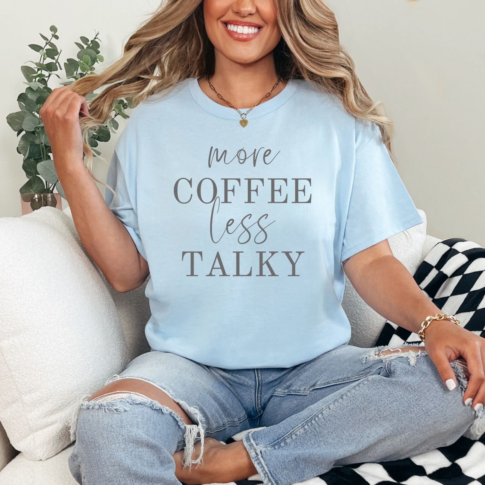 More Coffee Less Talky Graphic Tee - Funny Coffee Lover T-Shirt for Men & Women - Perfect for Casual Wear, Coffee Shops & Gifts