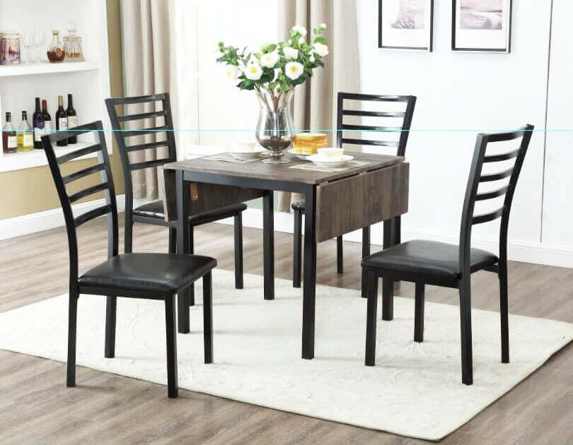 5 Piece Distressed Wooden Dining Table Set with Gunmetal Chairs - Perfect for Farmhouse Kitchen, Dining Room & Outdoor Patio