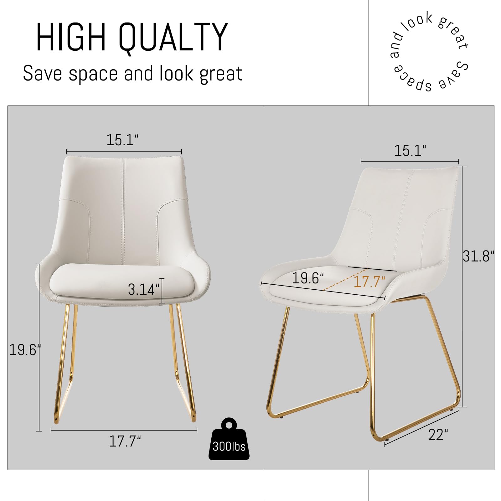 Mid Century Modern Dining Chair Set of 4 - Faux Leather Upholstered Kitchen Side Chairs with Gold Metal Legs | Comfortable Seating for Dining Room, Kitchen, Breakfast Nook & Small Spaces