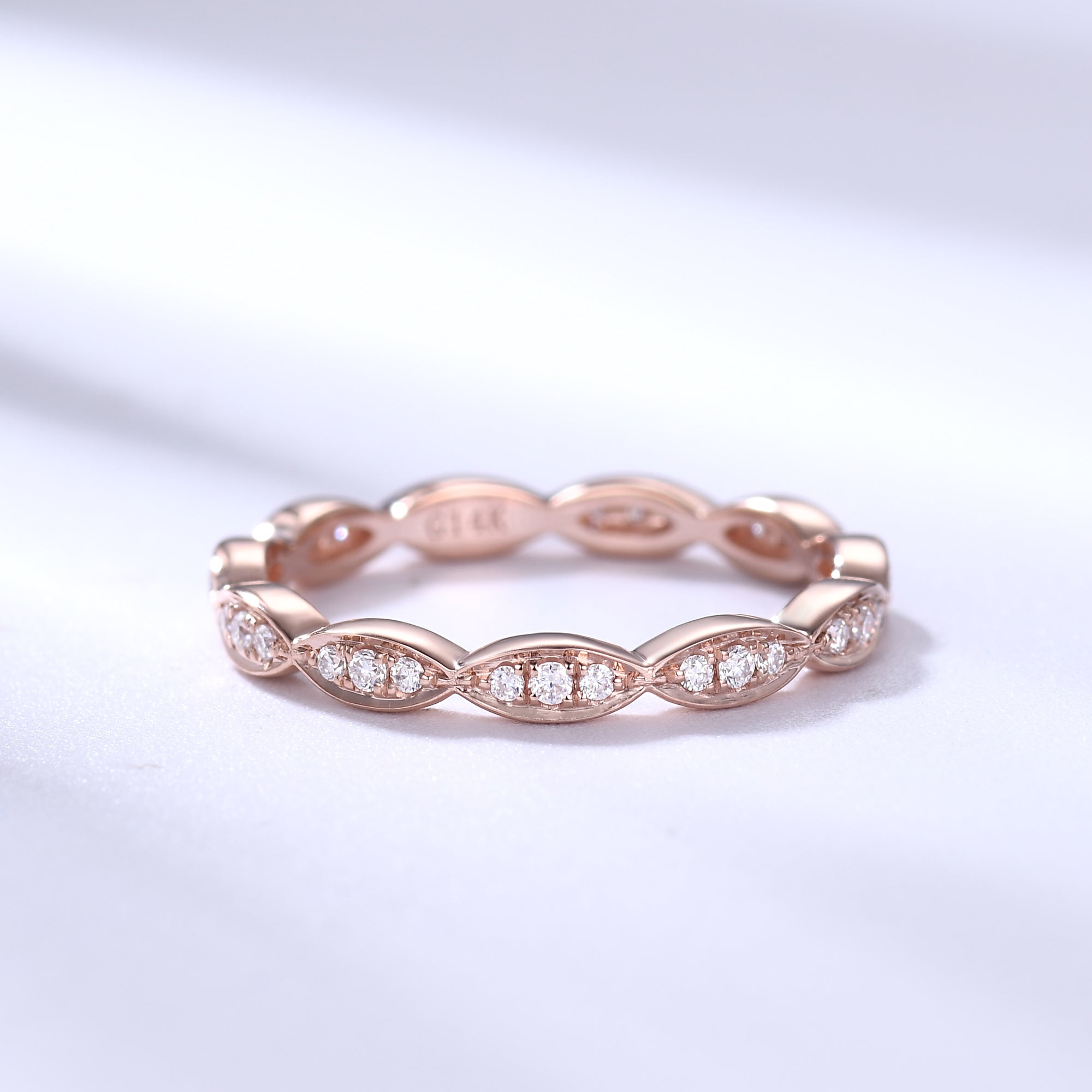 14K Rose Gold Art Deco Marquise Three Stone Wedding Ring Set - Round Diamond Engagement Ring & Matching Stacking Band for Women, Perfect for Bridal, Anniversary, and Special Occasions