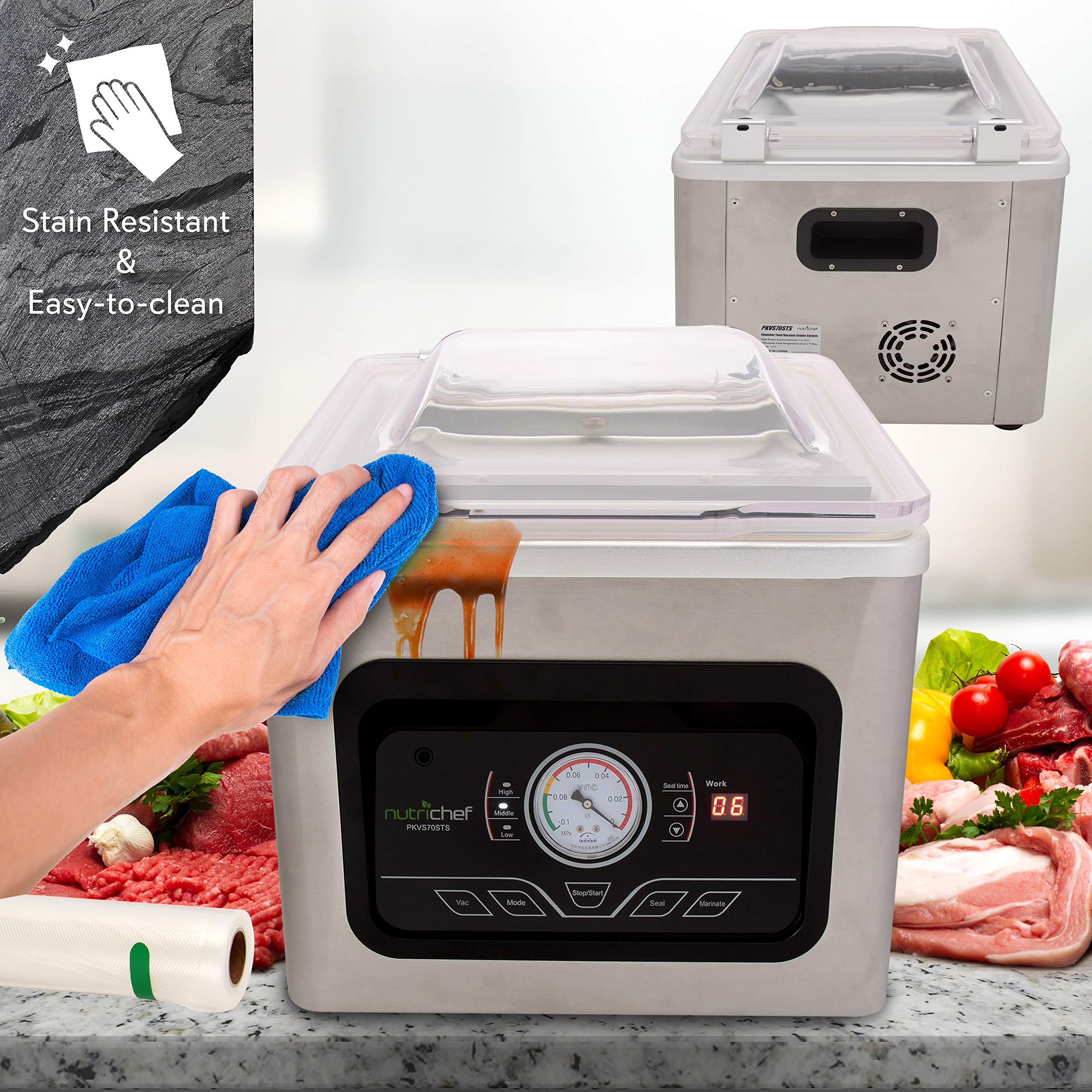 NutriChef 350W Compact Vacuum Sealer Machine with 8L Chamber - Airtight Food Storage System for Sous Vide, Meal Prep & Long-Term Preservation - Includes Bags, Rolls & Accessories for Home & Commercial Kitchen Use