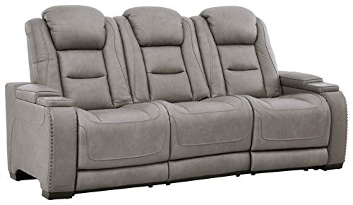 Signature Design by Ashley The Man-Den Leather Power Reclining Sofa with Adjustable Headrests & Wireless Charging - Gray | Modern Living Room Furniture for Comfort & Entertainment