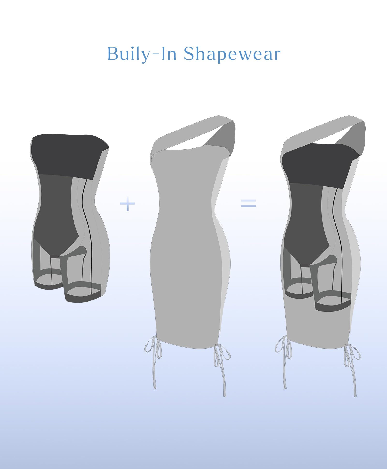 Popilush Women's One Shoulder Ruched Shapewear Dress with Drawstring - Slimming Bodycon Summer Dress in Blue | Perfect for Weddings, Parties & Date Nights