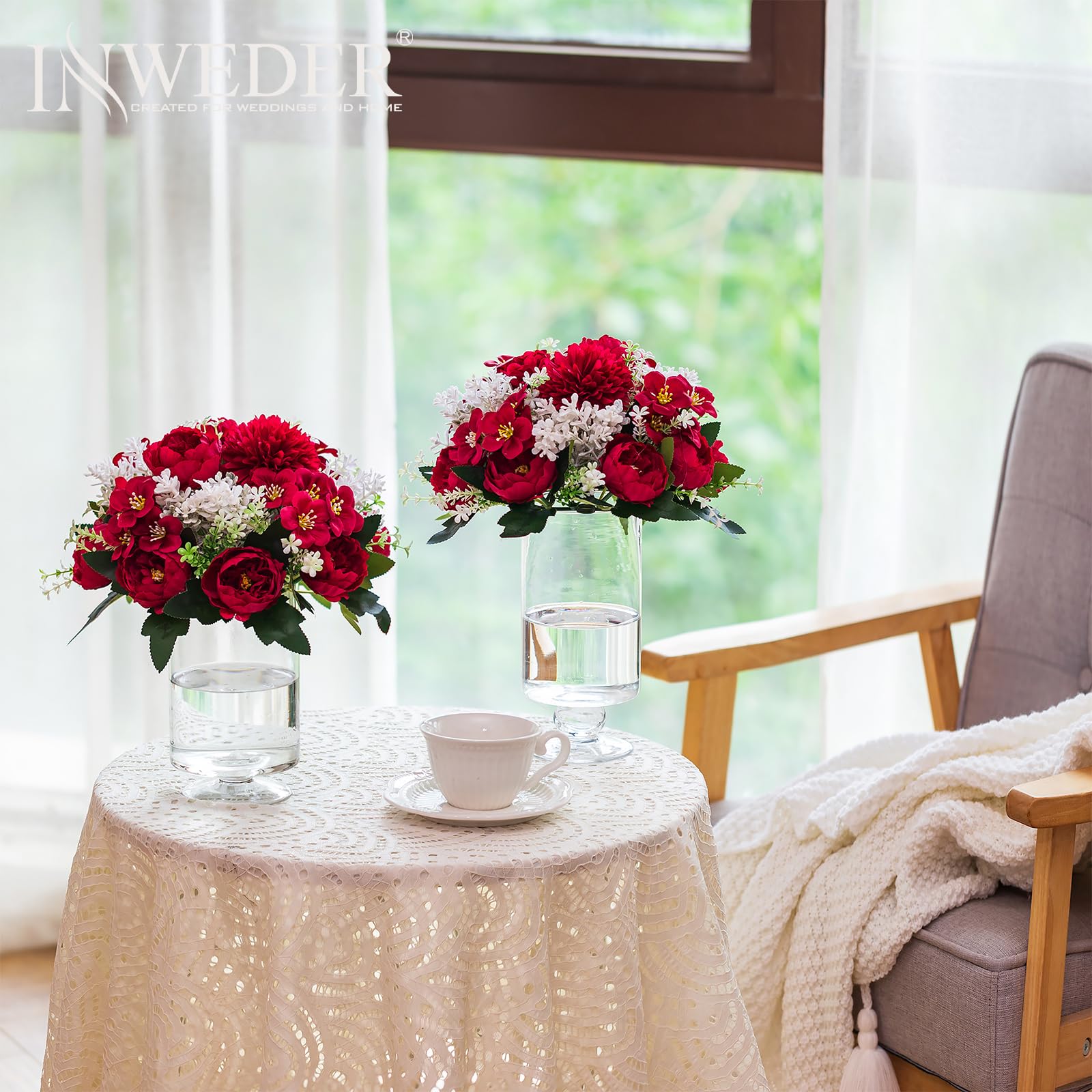 2 Pack Artificial Rose Flower Balls for Wedding Centerpieces - Small Crimson Fake Flower Bouquet Arrangement for Party, Anniversary, Home Decor - Perfect for Table Decorations, Bridal Showers & Romantic Events