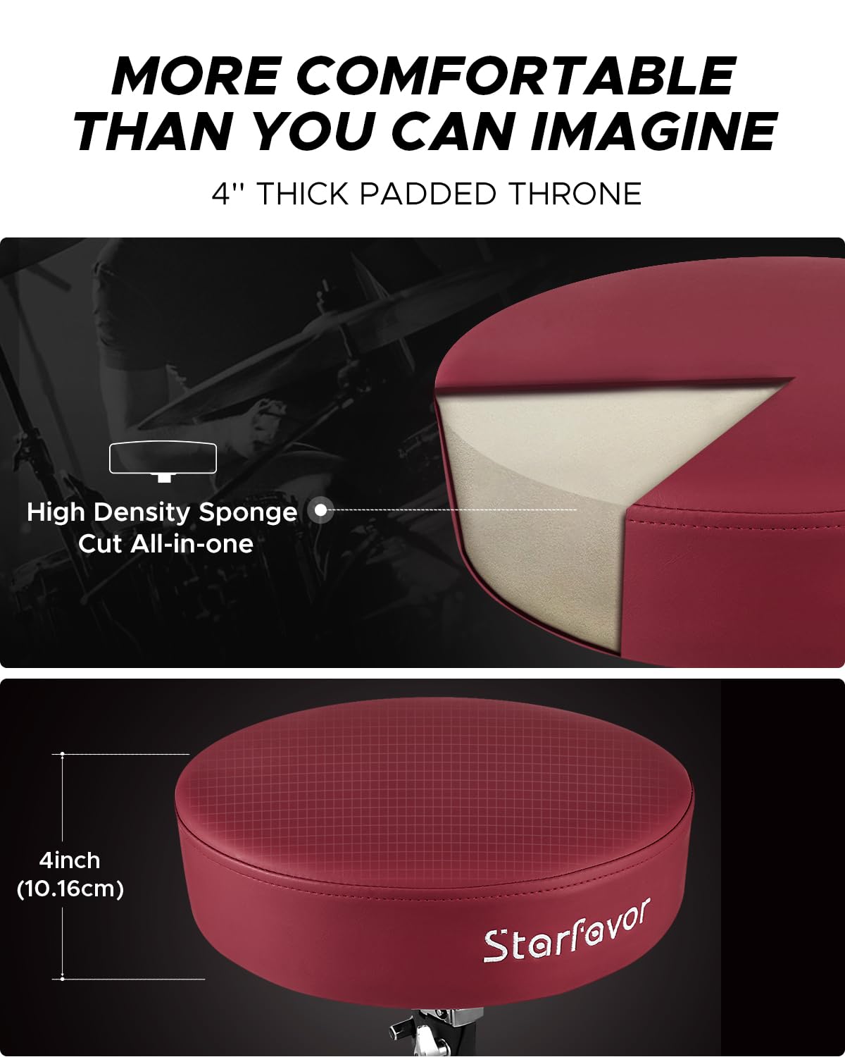 Starfavor Adjustable Drum Throne - Padded Rotatable Drum Stool with Double Braced Anti-Slip Feet, Comfortable Drum Seat for Drummers (Crimson Red, ST-650 Stone) - Perfect for Home Studios, Live Performances & Practice Sessions