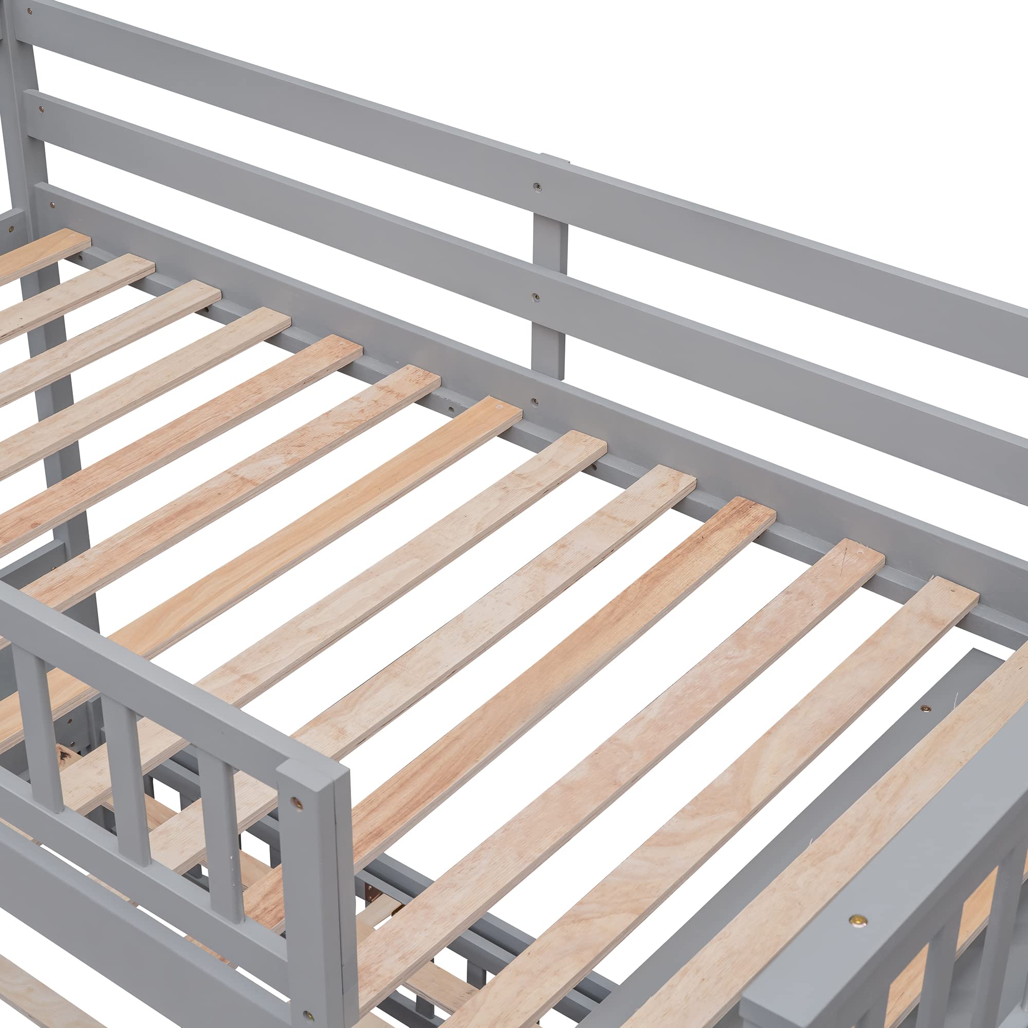 Twin Over Full Bunk Bed with Storage - Solid Wood Bunk Bed with 6 Drawers & 3 Adjustable Shelves, Convertible Loft Bed with Rolling Lower Bed for Kids, Teens & Adults - Space-Saving Bedroom Solution for Small Rooms, Guest Rooms & Dormitories (Gray)
