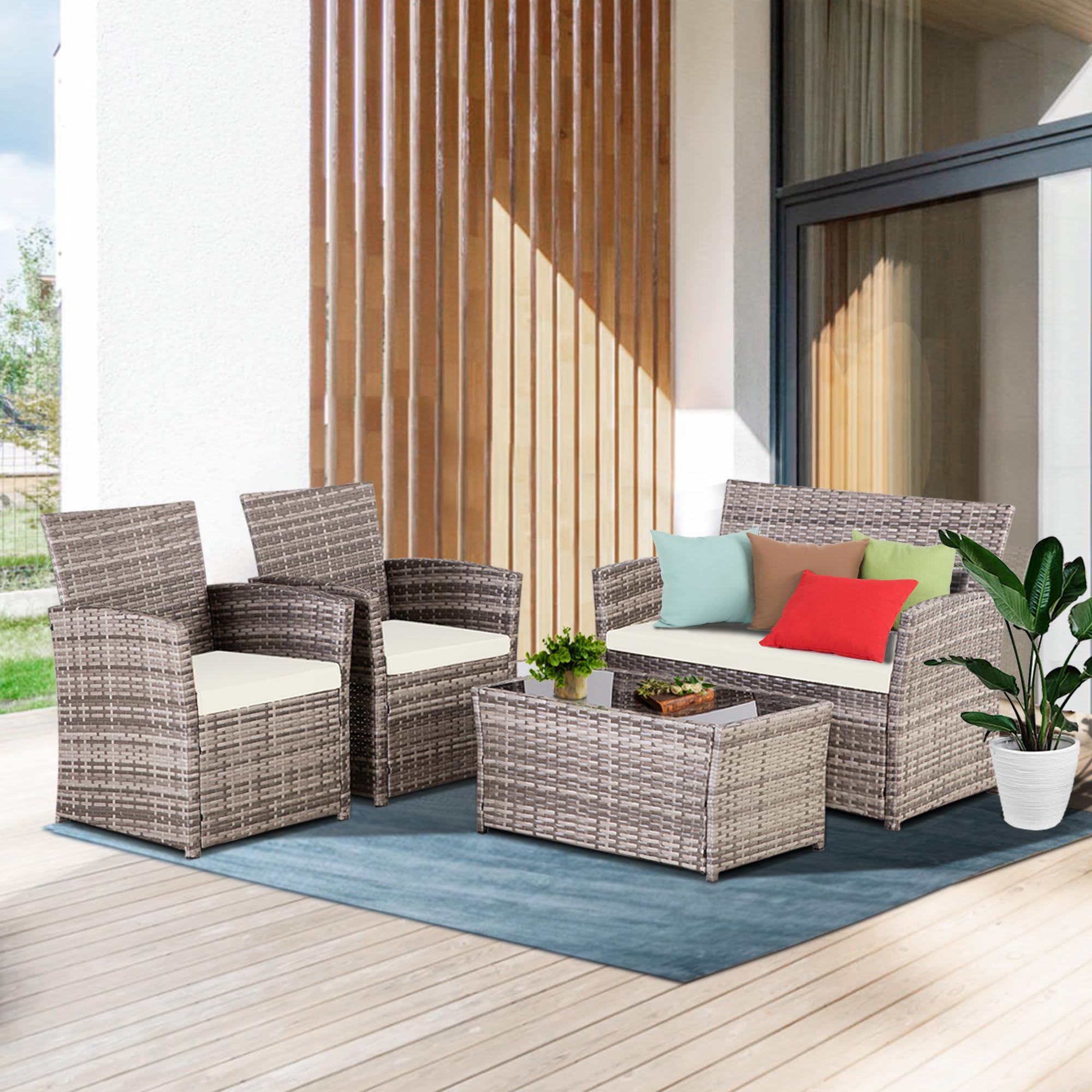 4-Piece Outdoor Patio Furniture Set - All-Weather Wicker Rattan Conversation Set with Table, Chairs & Loveseat Cushions for Balcony, Porch, Backyard (Gray-Beige) | Perfect for Garden Relaxation & Outdoor Entertaining