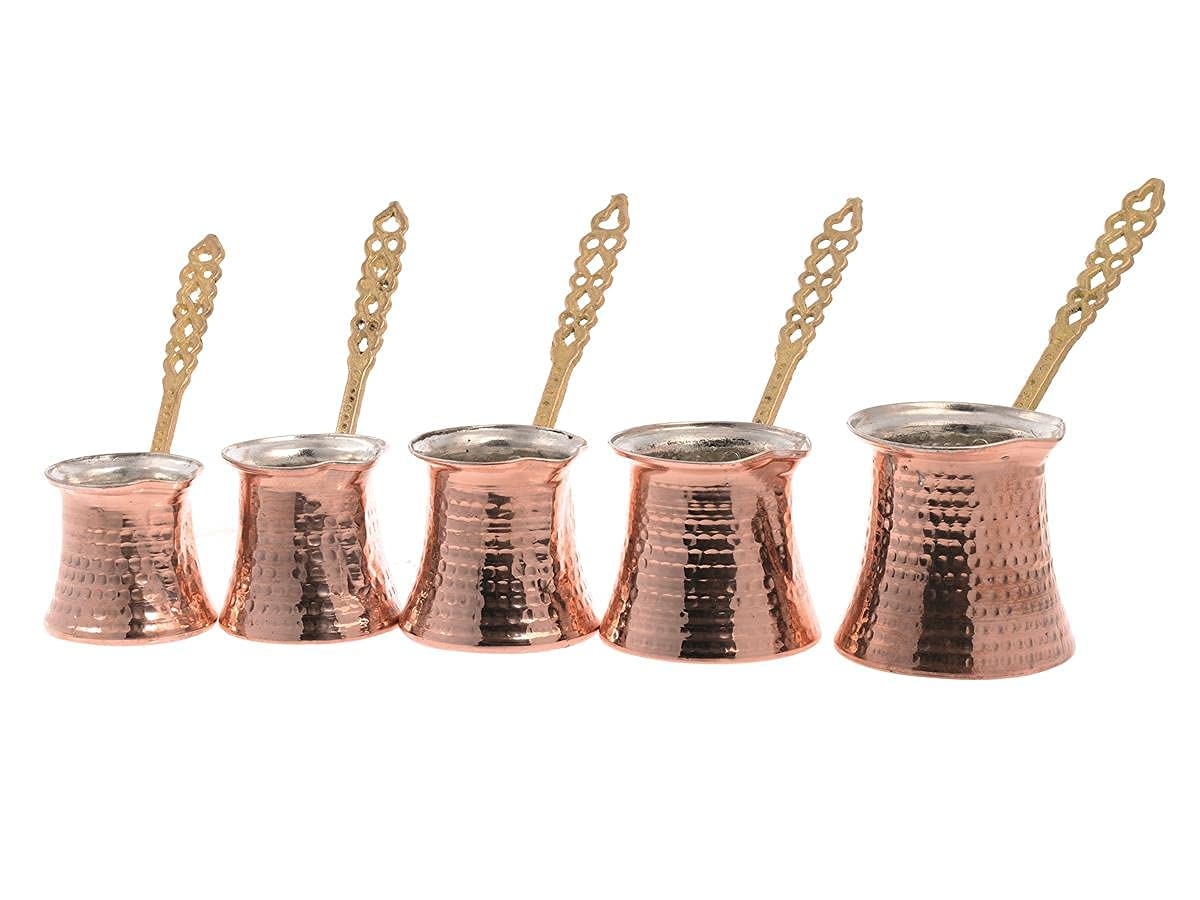 Premium Turkish Coffee Pot Set - 5 Hammered Copper Cezve for Stovetop Brewing - Authentic Greek & Arabic Coffee Maker - Perfect for Home, Gifts & Traditional Coffee Ceremonies