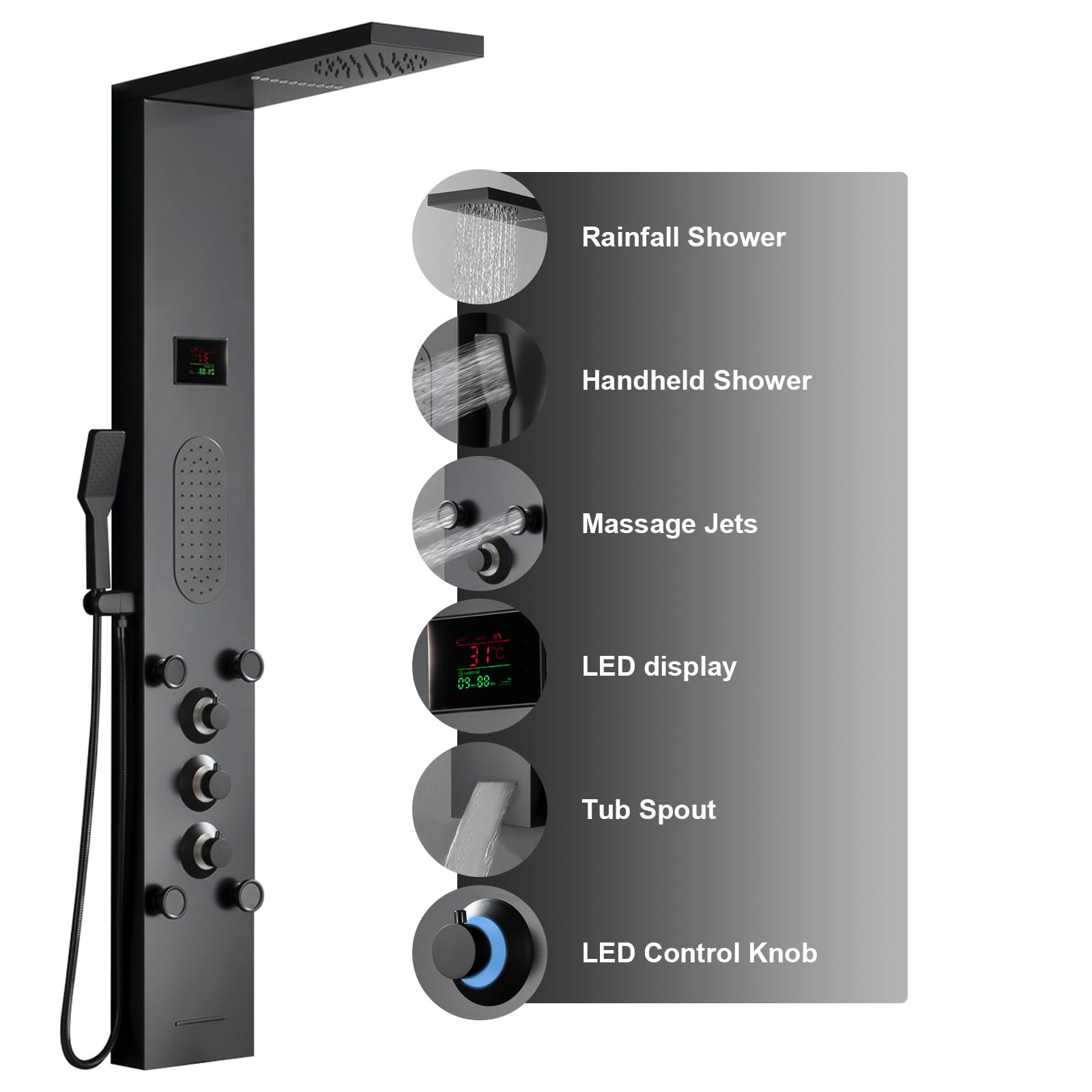 BWE LED Shower Panel System - Black Rainfall Shower Tower with Massage Body Jets, Stainless Steel Wall Mounted Shower Fixture with Temperature Display & Tub Spout - Perfect for Spa-Like Bathroom Experience & Modern Home Upgrade