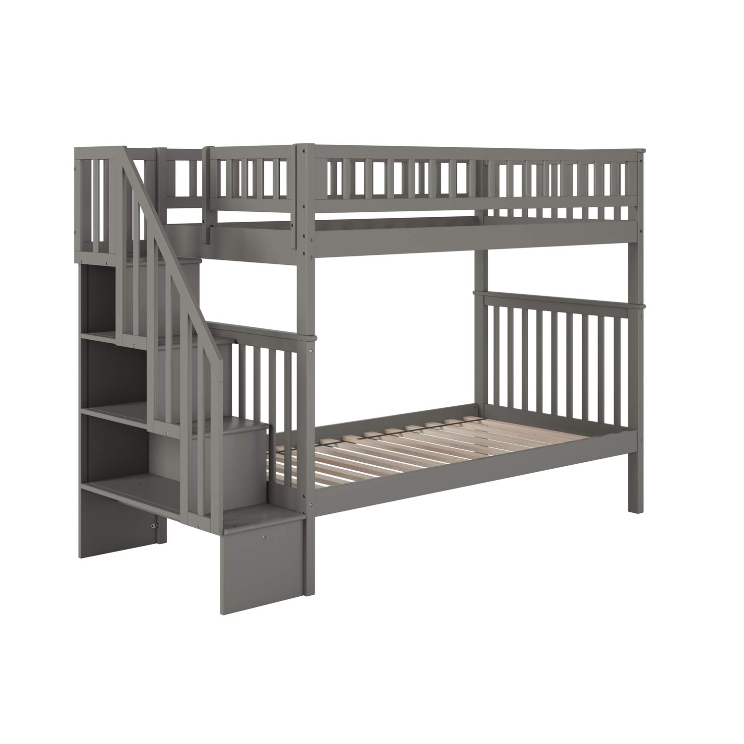 AFI Woodland Staircase Twin Over Twin Bunk Bed with Turbo Charger in Grey - Space-Saving Kids Bedroom Furniture for Small Rooms & Sleepovers