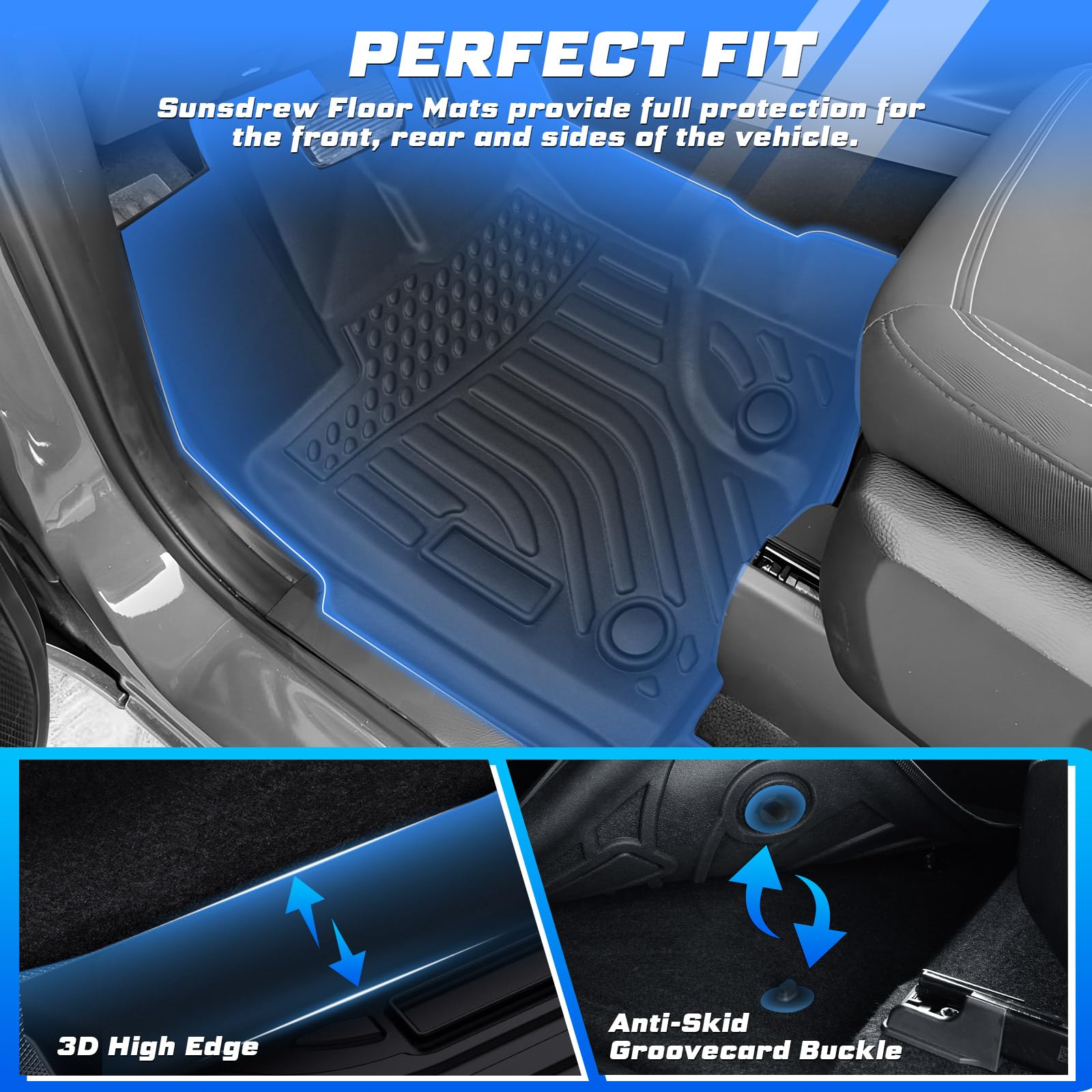 2019-2023 Ford Ranger SuperCrew All Weather Floor Mats - Heavy Duty 3PCS Front & 2nd Row Car Mats Set, Non-Slip Black Rubber Liners - Perfect for Off-Roading, Camping & Daily Driving Protection
