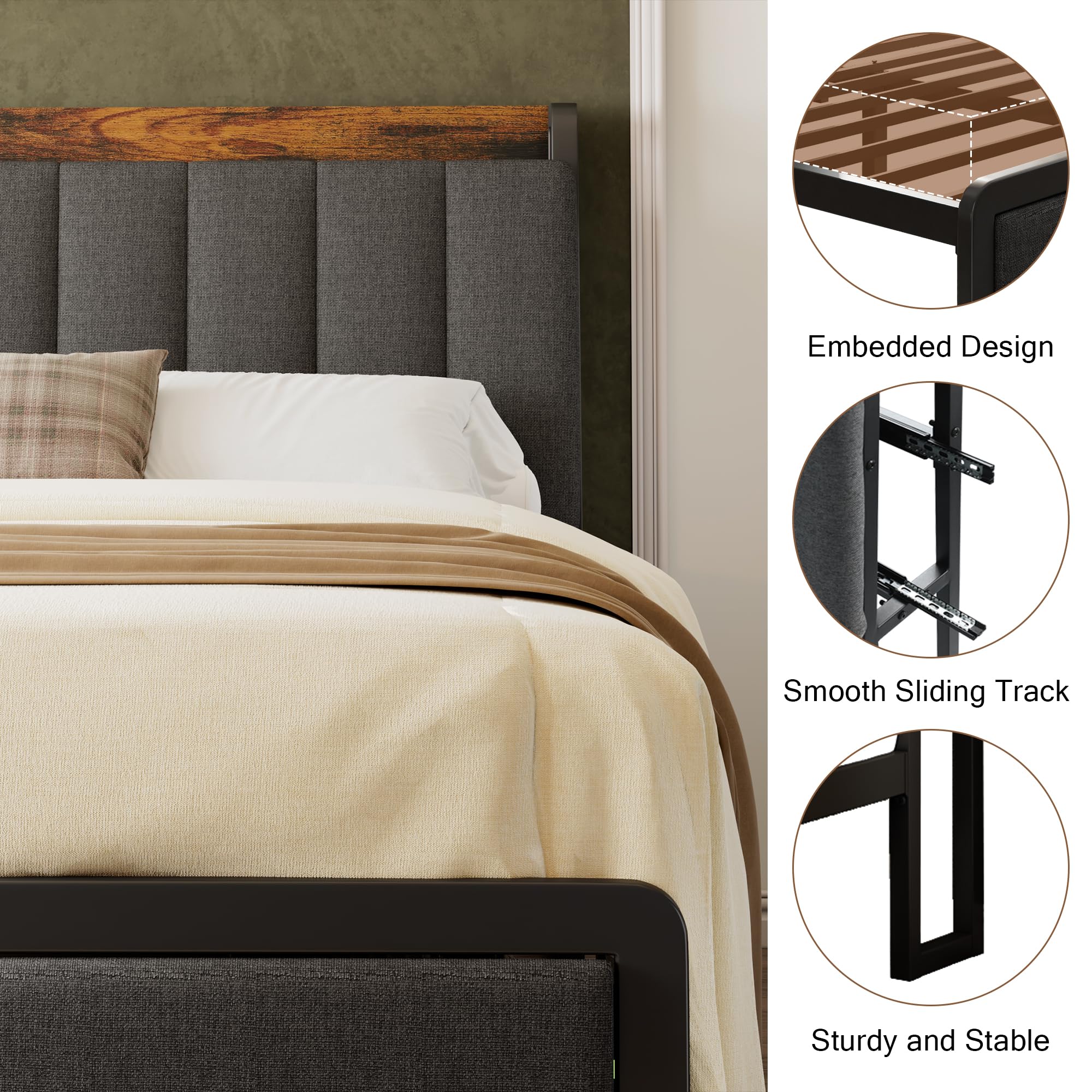 Full Size Metal Bed Frame with 2-Tier Hidden Storage & 2 Drawers - Upholstered Platform Bed with USB Charging Station, Ergonomic Headboard & Reinforced Steel Slats - No Box Spring Required, Easy Assembly - Perfect for Small Bedrooms, Guest Rooms & Modern Apartments