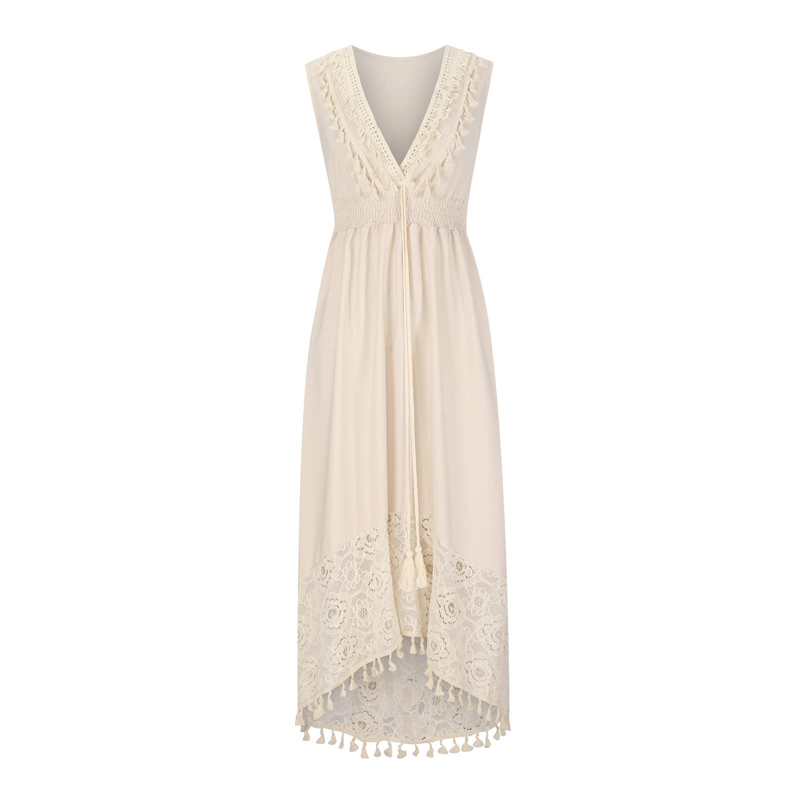 Sexy V-Neck Sleeveless Summer Maxi Dress for Women - Flowy Tassel Lace Wedding Guest Dress, Ankle-Length Casual Beach Dress for Parties, Vacations & Date Nights