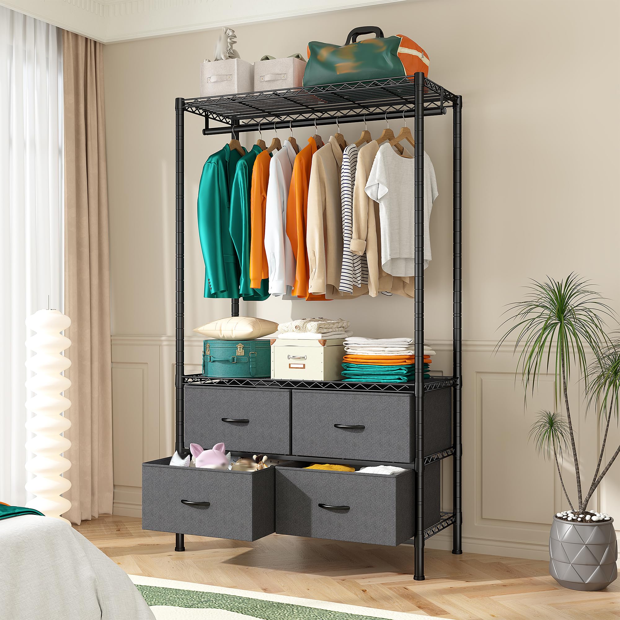 Raybee Heavy Duty Clothes Rack with 4 Drawers & Shelves - Sturdy Portable Closet Organizer for Hanging Clothes - Durable Black Garment Rack for Bedroom, Closet, Laundry Room or Dorm Organization