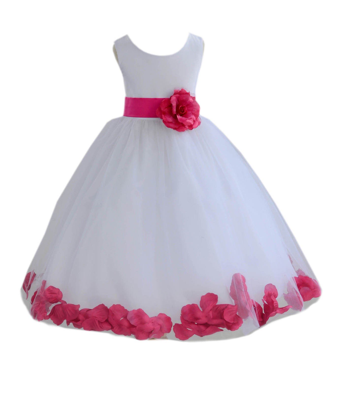 White Tulle Flower Girl Dress with Rose Petals - Elegant Christening Gown for Weddings, Baptisms & Special Occasions - Size M (302T)