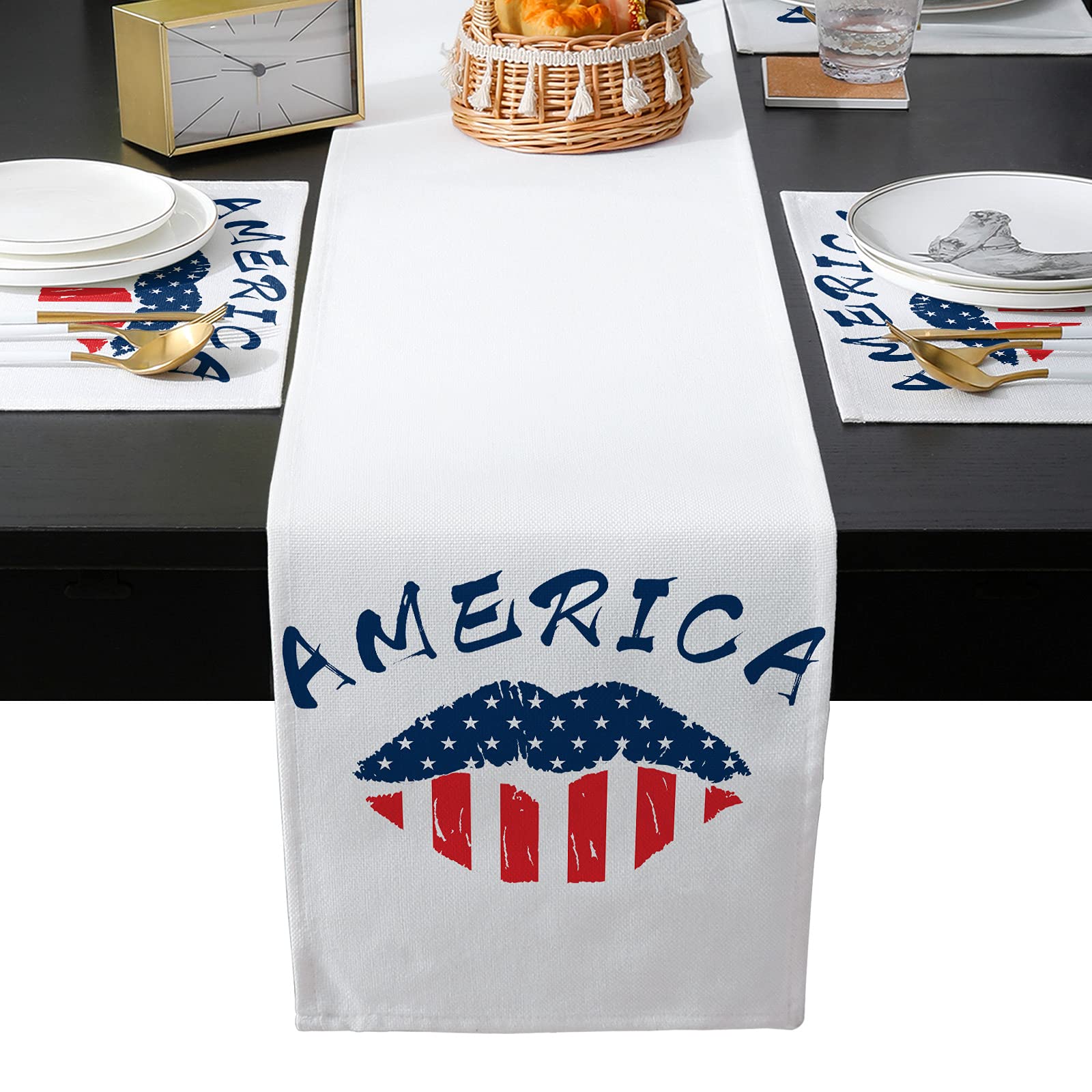 American Flag Lips Table Runner with 6 Washable Linen Placemats - Heat Resistant Dining Table Set for Wedding, Party & Patriotic Decor - Perfect for 4th of July, Memorial Day & Thanksgiving Celebrations